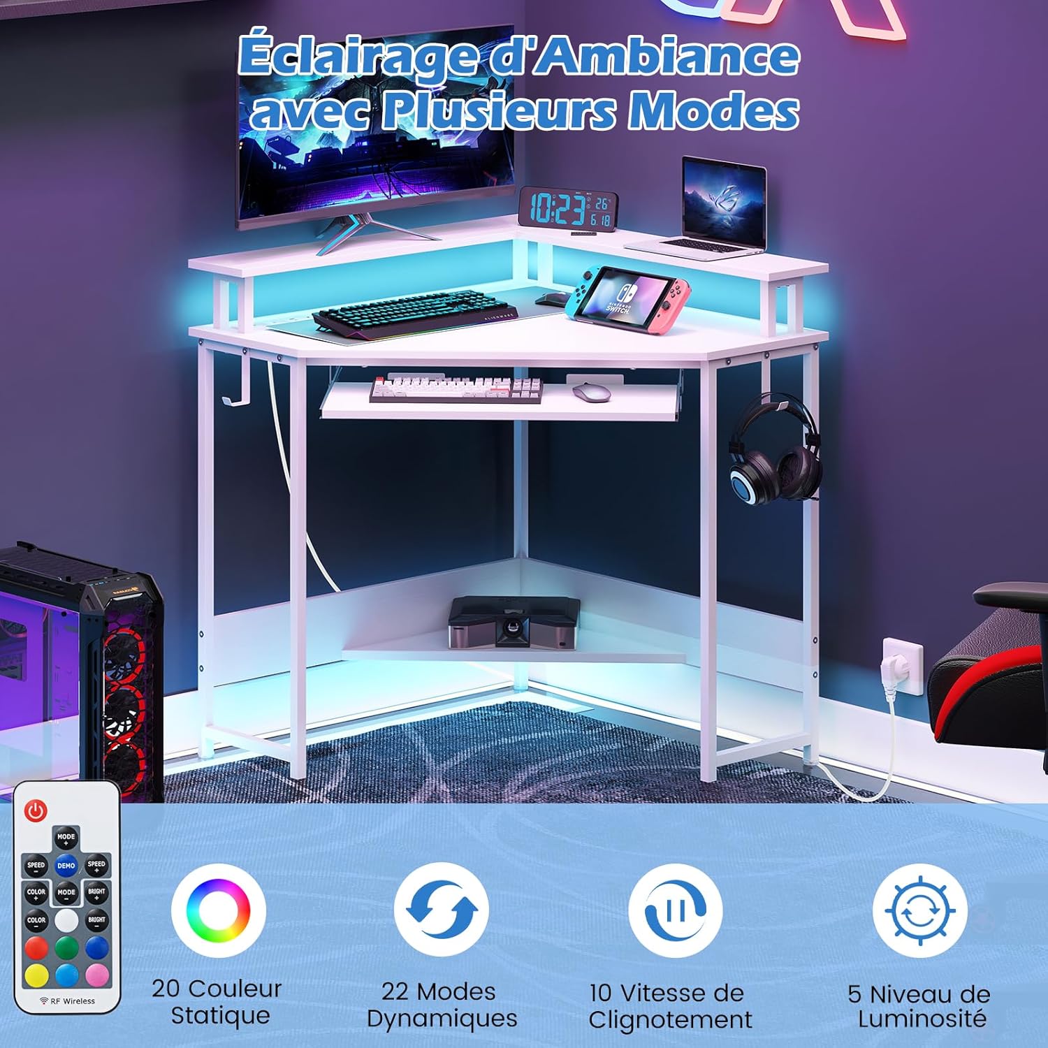 Bureau d'angle avec Station de Charge, Bureau Gaming avec LED, Plateau pour Clavier et Support pour Écran, pour Petits Espaces, Blanc - 4