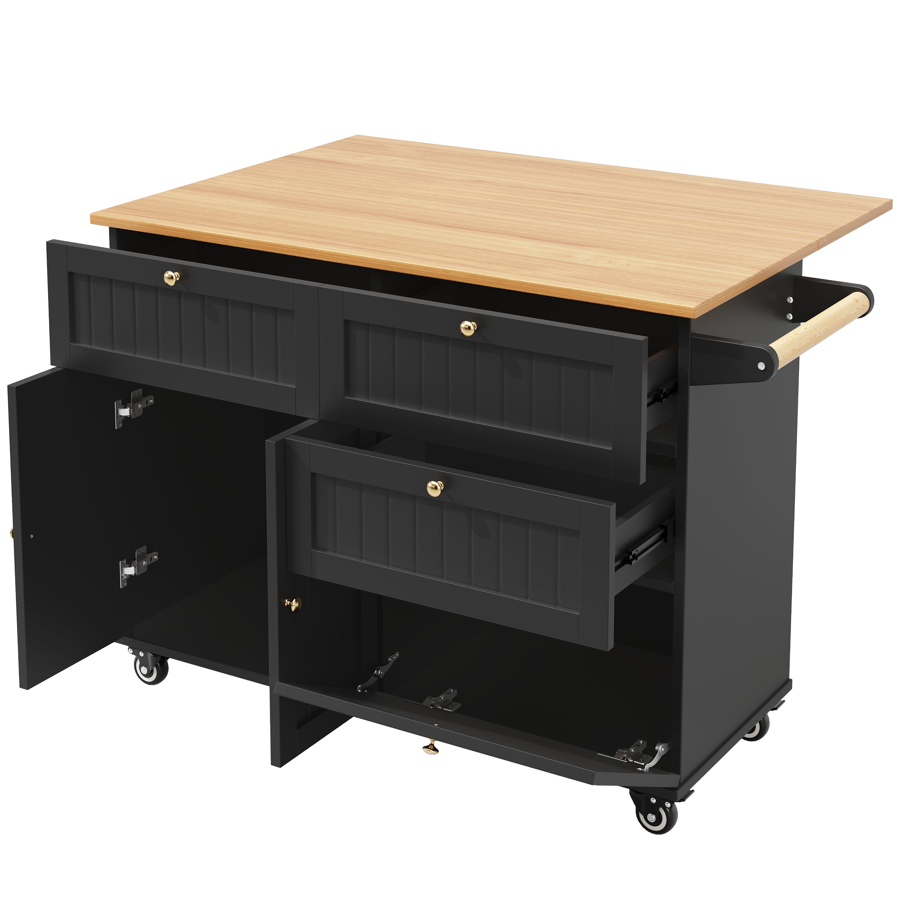 Ilot central de cuisine mobile avec 2 portes, 3 tiroirs et porte-serviette - Plateau extensible - 120.8x37.3/70x88cm - MDF - Noir + naturel - 9