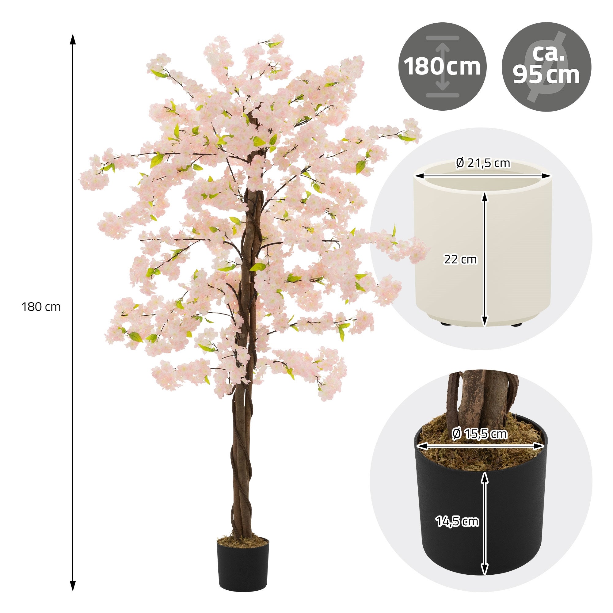 Plante artificielle cerisier 180 cm faux arbre décoratif imitation réaliste en plastique avec des fleurs roses pot inclus pour intérieur et extérieur - 6