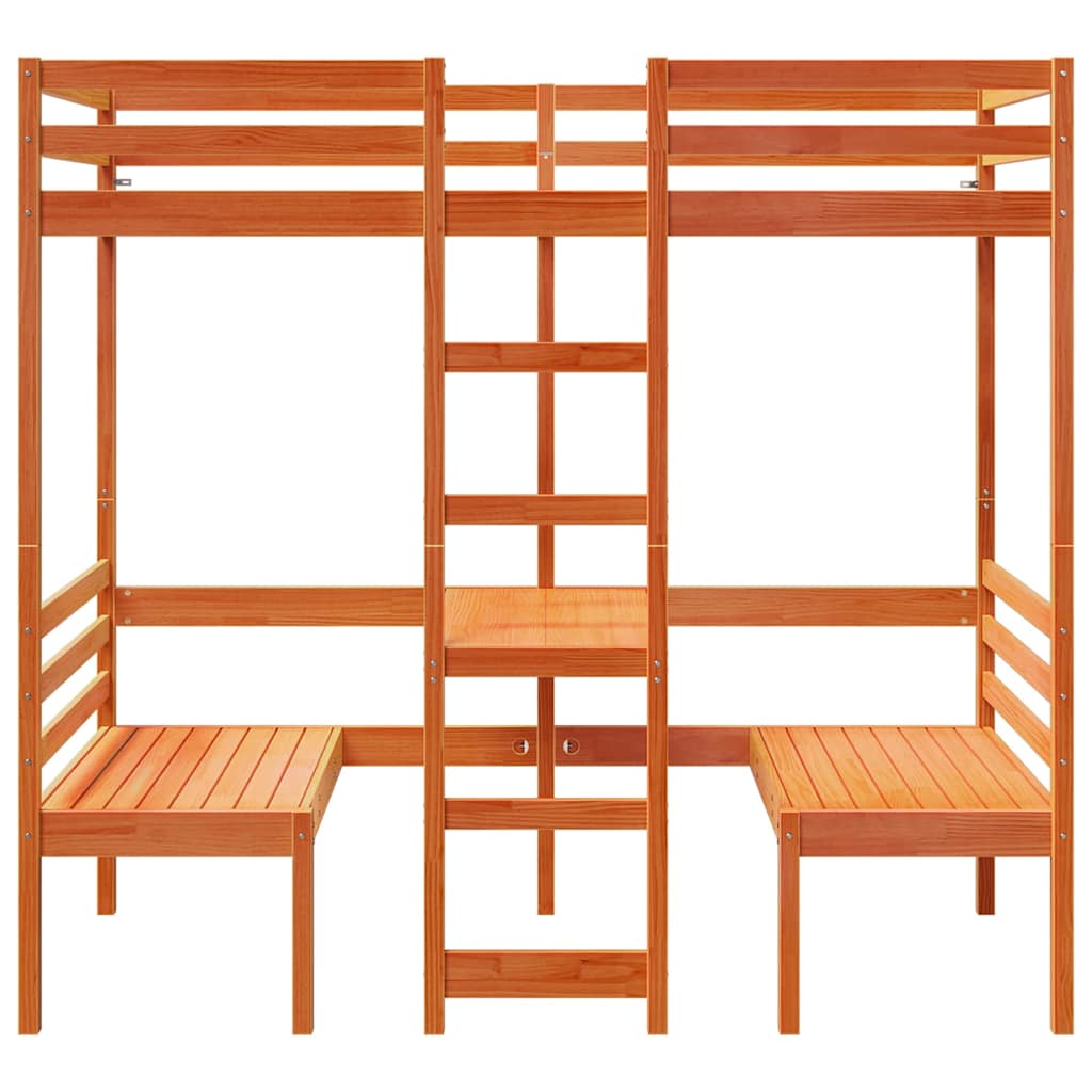 Lit mezzanine avec bureau et chaises, pin, brun ciré, pour la chambre, 80 × 200 cm - 5