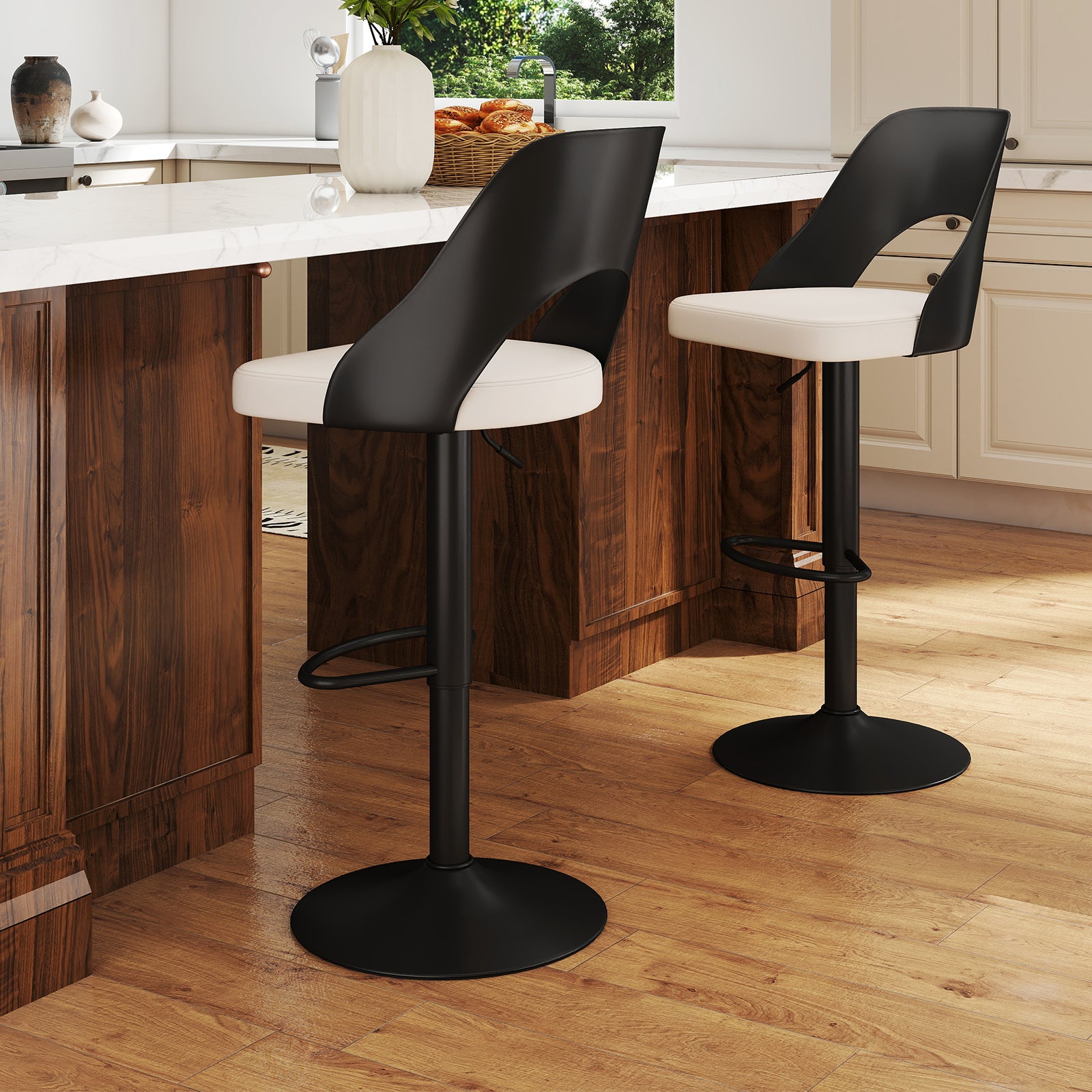 Set de 2 Taburetes Altos de Bar con Reposapiés, Sillas de Bar Giratorias 360° con Respaldo, Taburetes Ajustables en Altura, Sillas de Comedor - 3