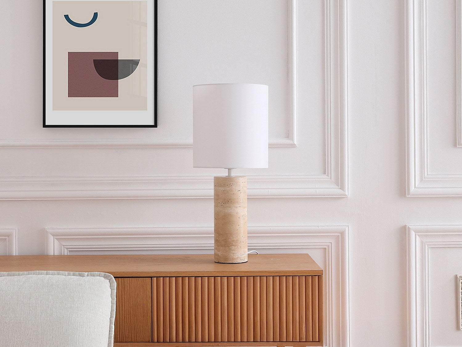 Lampa stojąca z tkaniny i trawertynu, 25 x Wys.58 cm - Biały i naturalny - ZAPANA