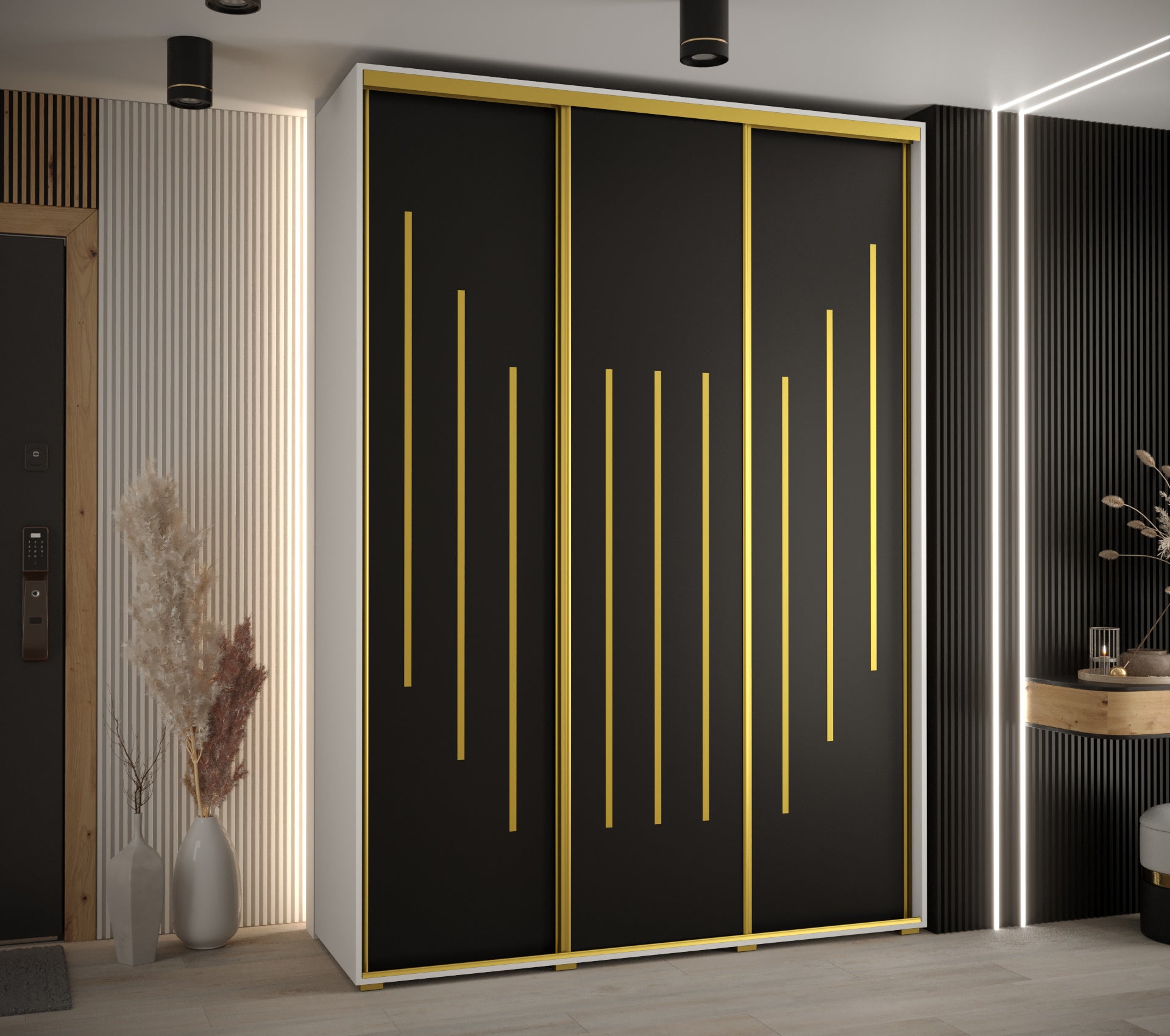 Szafa przesuwna wysoka Davos 8 180 x 60 x 235,2 cm biały + czarny + u. złoty - Abiks Meble - 2