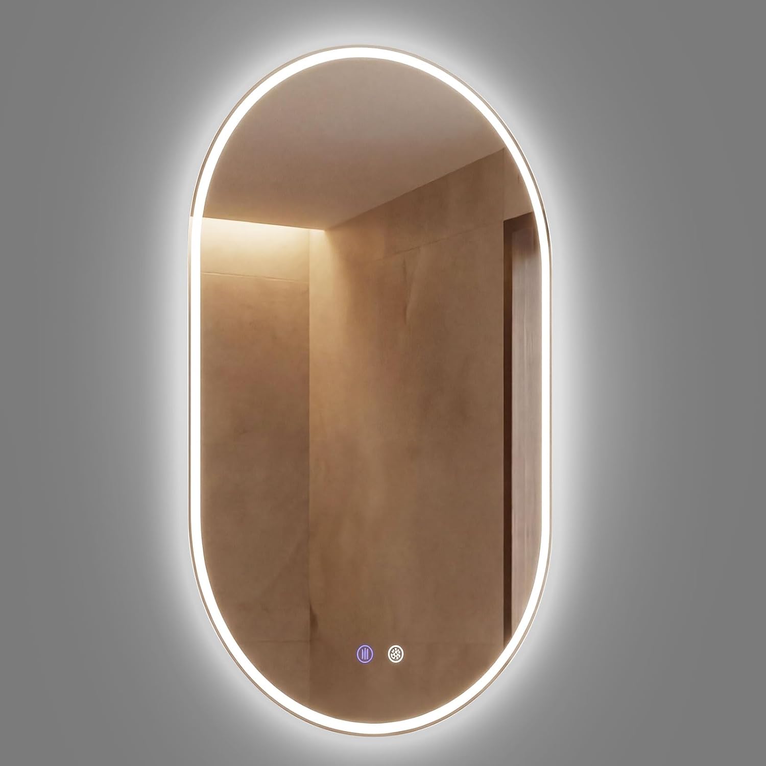 Oglindă de baie 50x80cm cu comutator tactil, oglindă ovală de perete cu iluminare LED reglabilă în 3 culori, funcții de memorie și anti-aburire