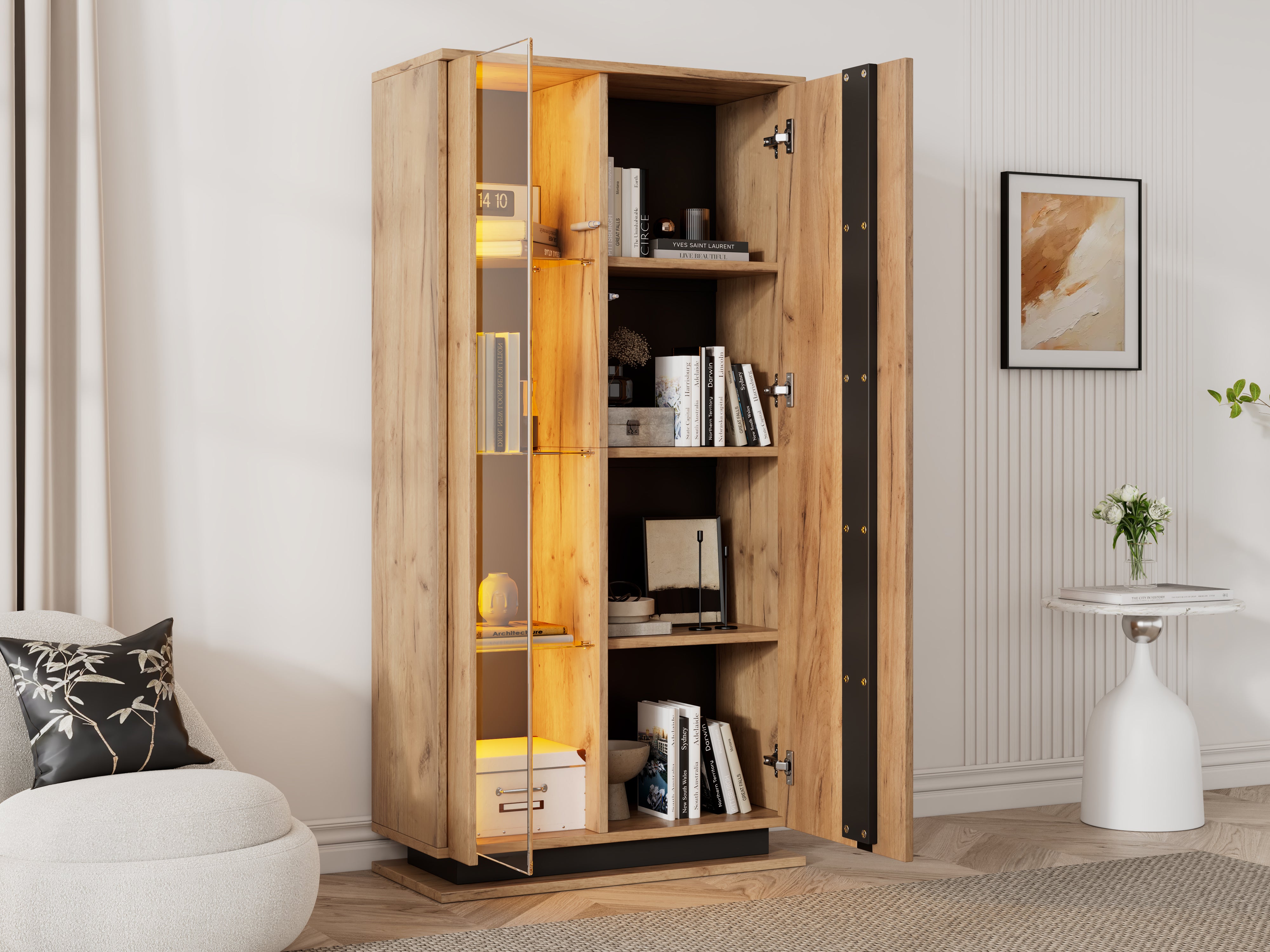 Vitrine avec 2 portes et 8 étagères - 80 x 35 x 160 cm - LEDs - Panneau de particules et acrylique - Naturel - 8