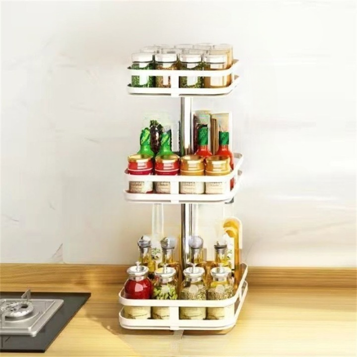 Półka na przyprawy na blacie kuchennym, obrotowa, metalowa, regulowana wysokość, 3 poziomy, kwadratowa, biała, 24*24*59 cm