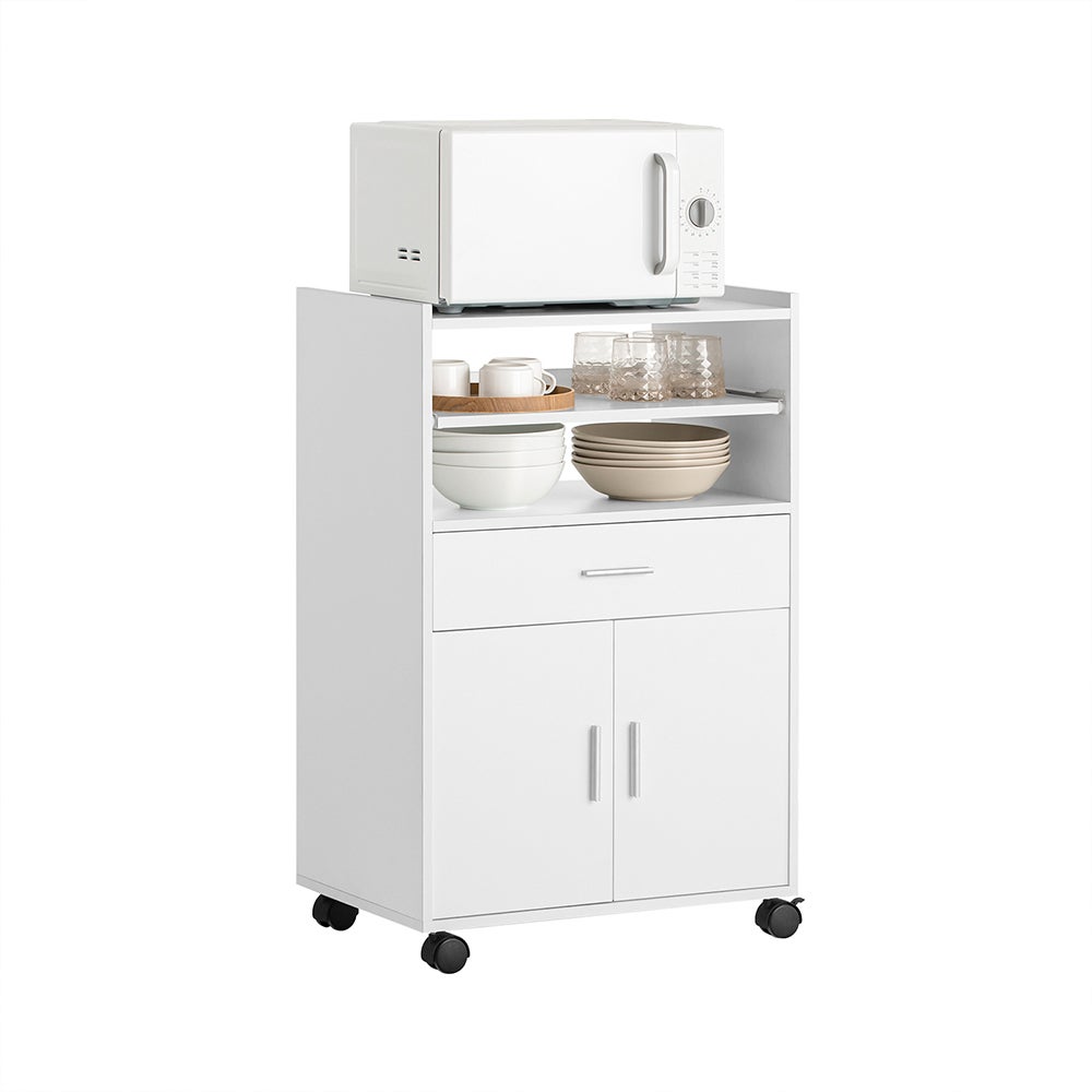 Carrello Credenza Per Microonde SoBuy FSB09-W - Con 2 Ripiani, Cassetto E Ante, Ruote
