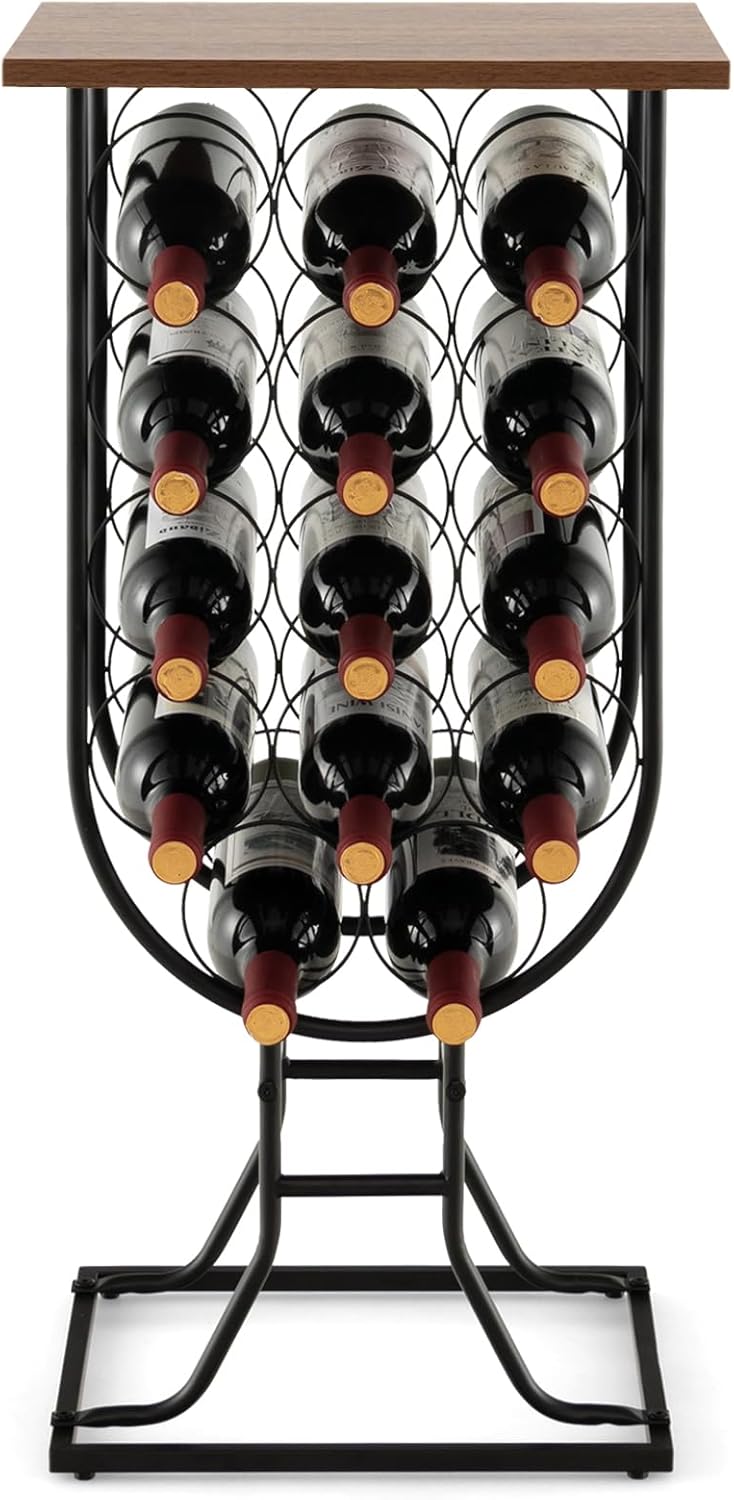 Szafka na Wino na 14 Butelek z Kółkami, Mobilny Organizer do Przechowywania Wina z Metalową Ramą, Drewnianą Półką, Czarny