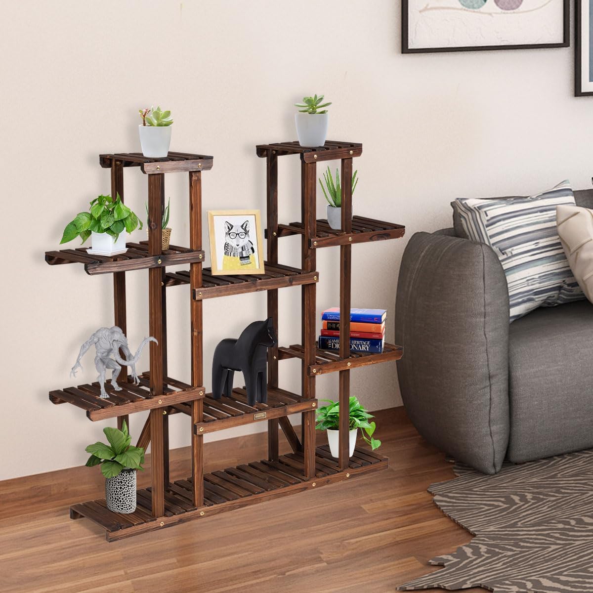 Étagère pour plantes en bois 9 tablettes pour 18 pots 125 x 25 x 114 cm charge 10kg - 9