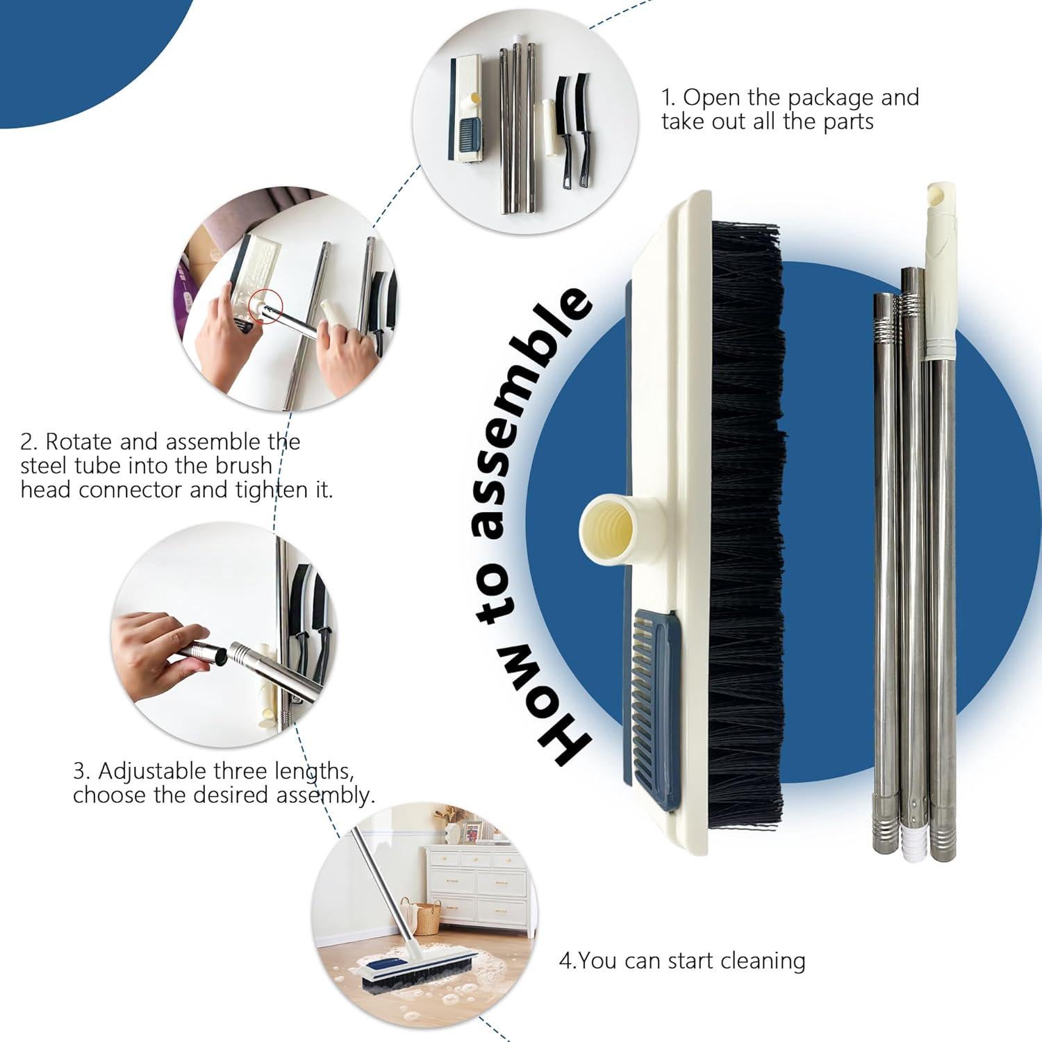 Brosse à récurer pour sol avec long manche et raclette intégrée, brosse 2 en 1 – Mât en acier réglable de 108 cm pour salle de bain, terrasse - 3