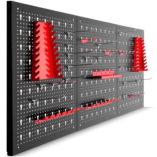 3 Panneaux perforés acier 120 x 60 cm lot de 25 crochets et supports extensible, noir/rouge TECTAKE
