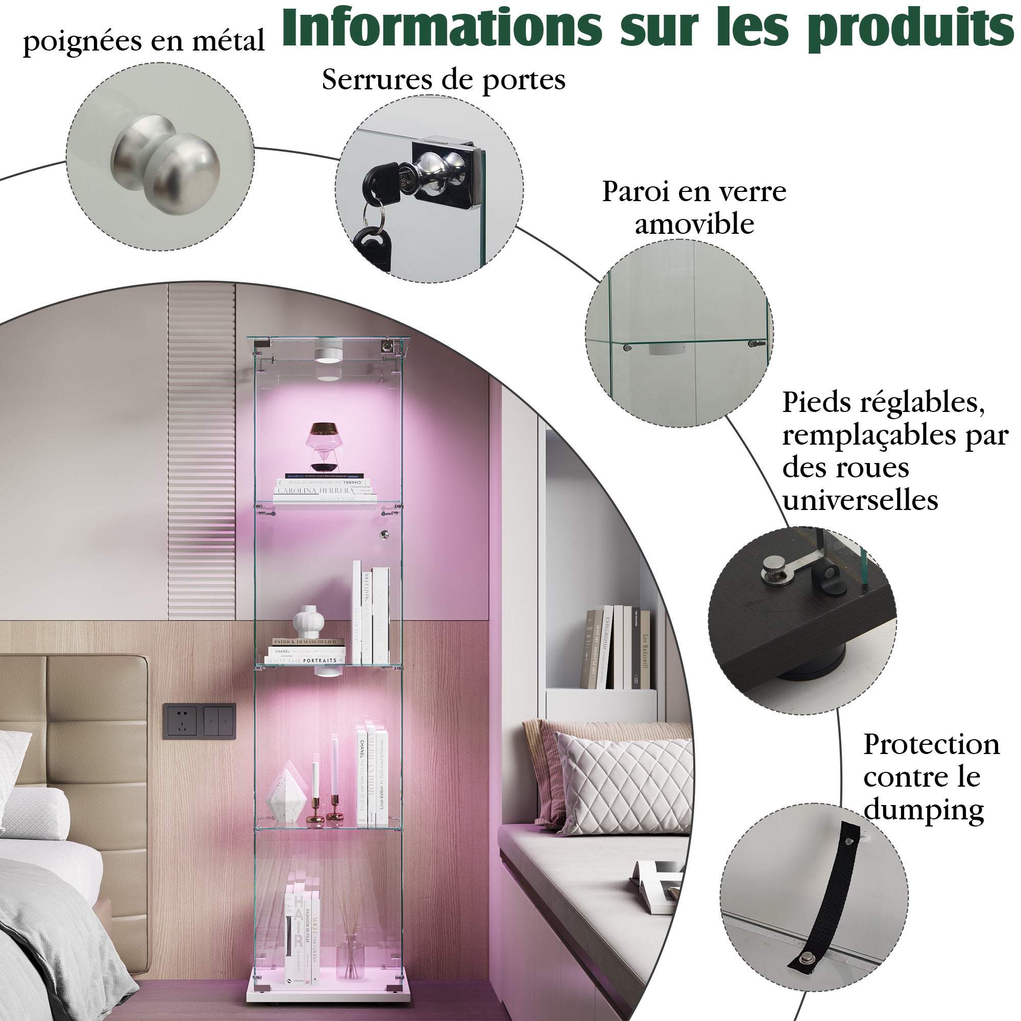 Vitrine en verre - 1 portes - 4 niveaux - Lumière LED - plaque de fond - 39.8x35x163cm - blanc - 7