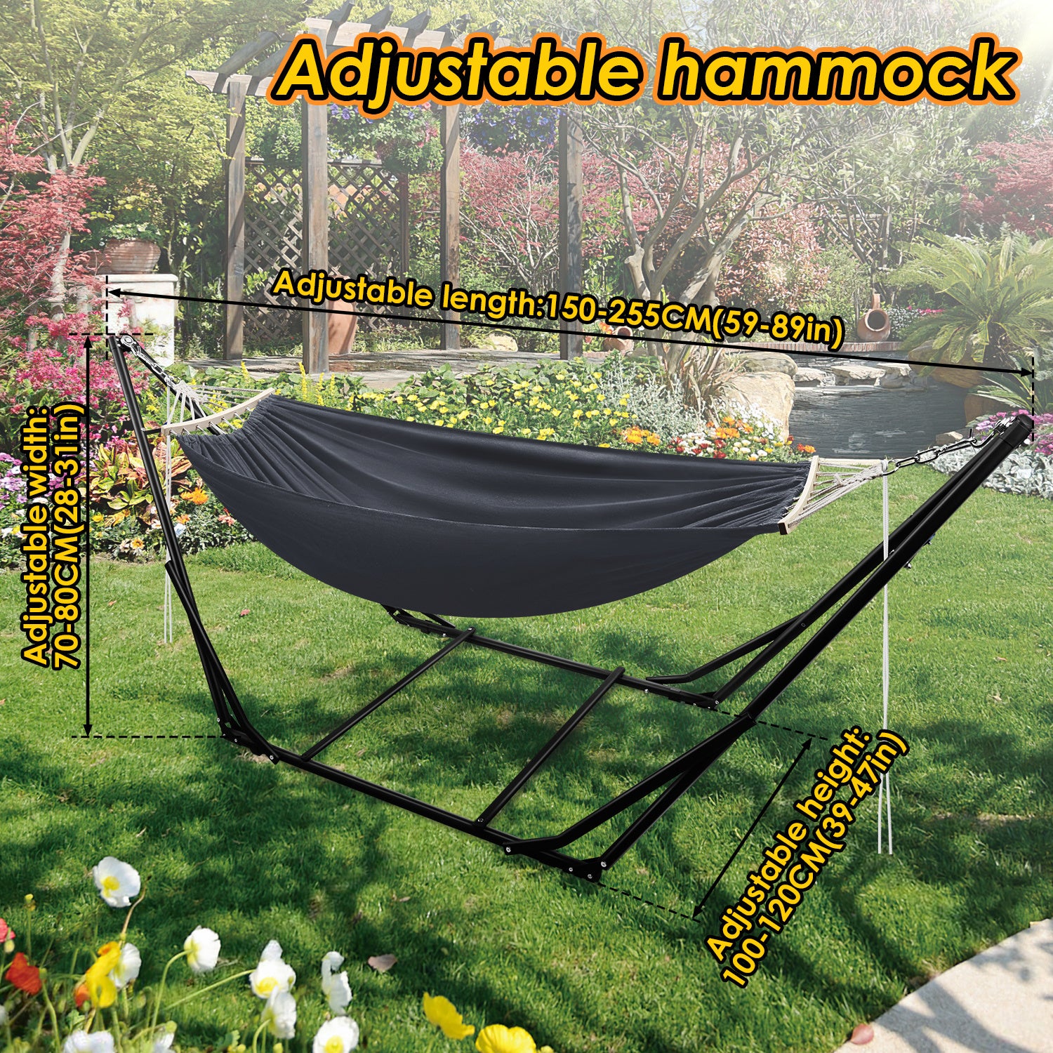 Hamac avec cadre, hamacs d'extérieur, barre de hamac, chaise suspendue, gris foncé, jusqu'à 150 kg, support de hamac et toile - 2