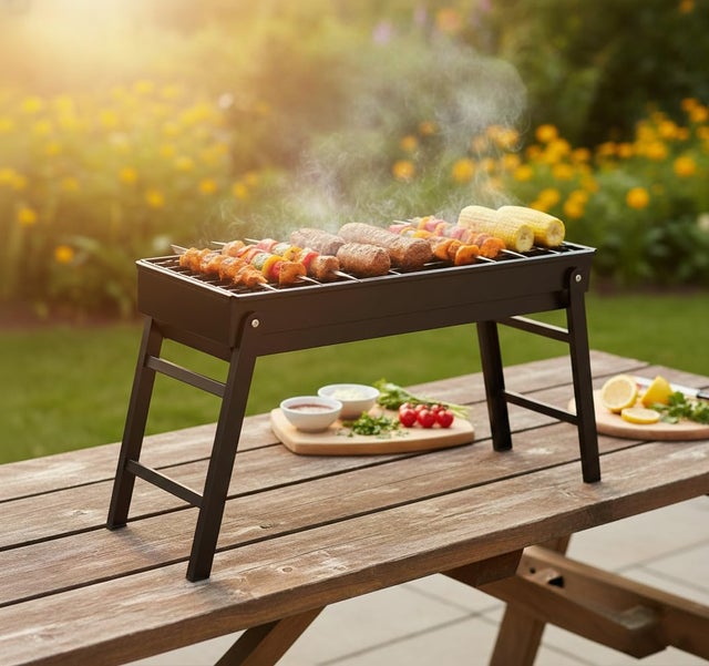 Przenośny, składany zestaw do grillowania ze stali nierdzewnej z grillem węglowym, idealny na kemping i zajęcia na świeżym powietrzu.