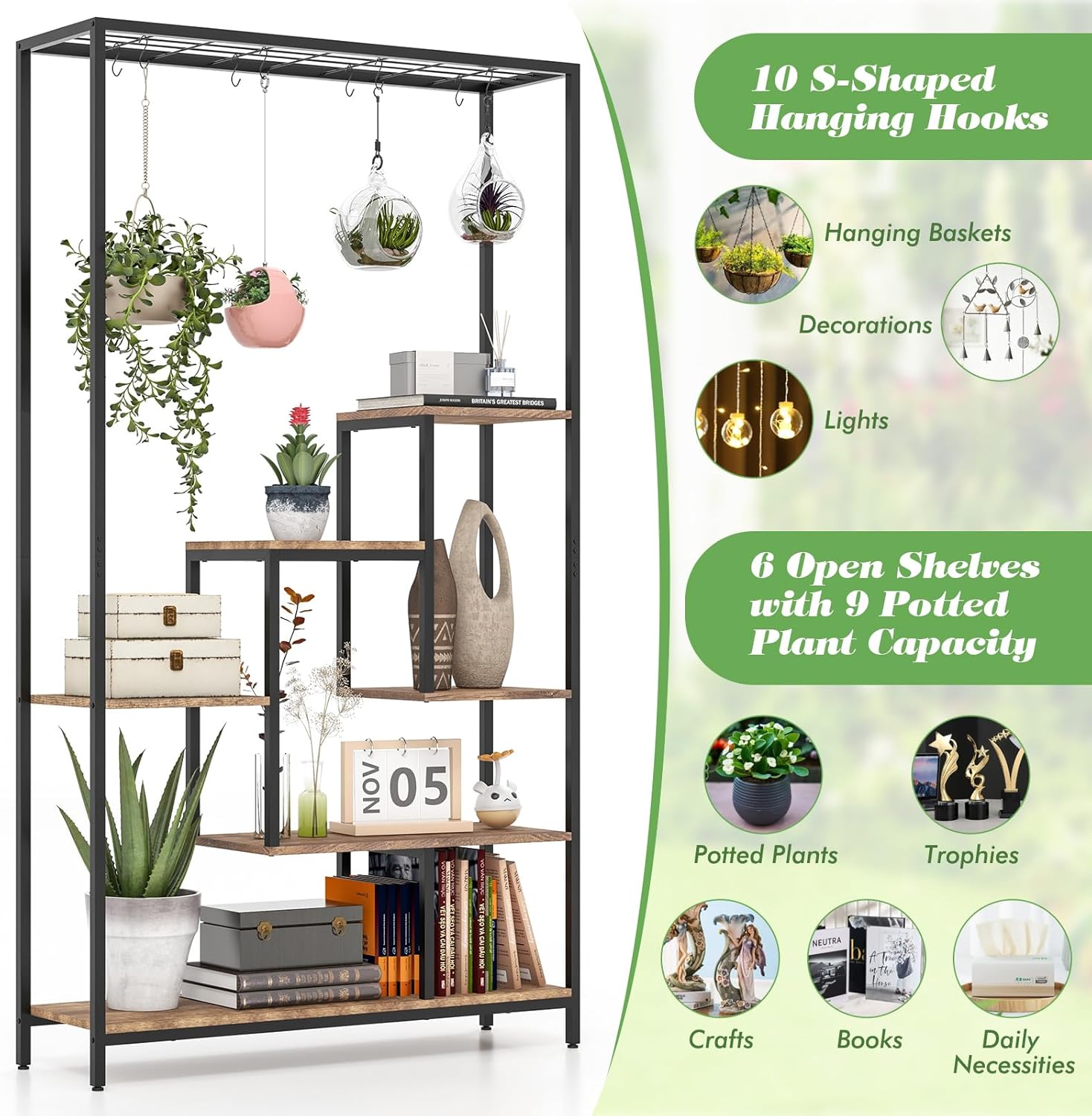 Support pour Plantes Intérieur à 6 Niveaux, Présentoir pour Pots de Fleurs 100x30x180cm , 10 Crochets, Étagère à Fleur Style Industriel, Marron - 5