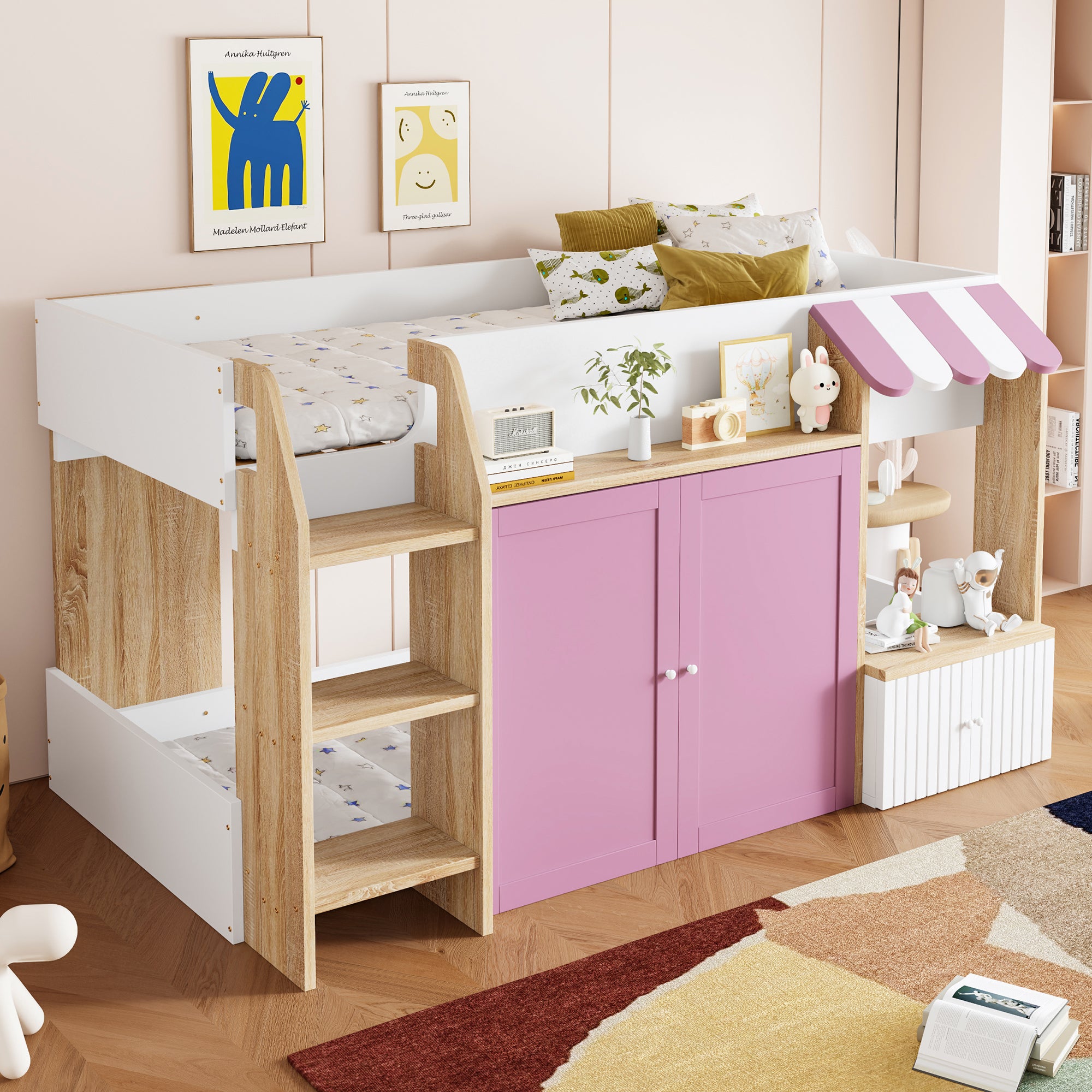 Kinderbett Hausbett 90x200 - Halbhohes Hochbett mit Kletterleiter und Stauraum, Weiß+Rosa+Holzfarbe, Massivholz