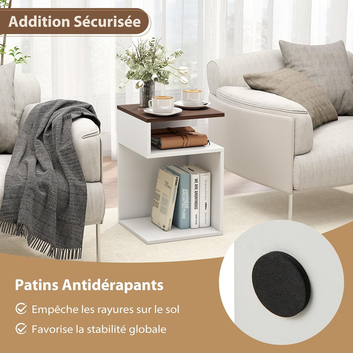 Table d'Appoint en Forme S, Bout de Canapé avec 2 Casiers Ouverts, 3 Étagères Design Géométrique Compacte, Blanc, pour Salon Chambre, Blanc+Noyer - 8