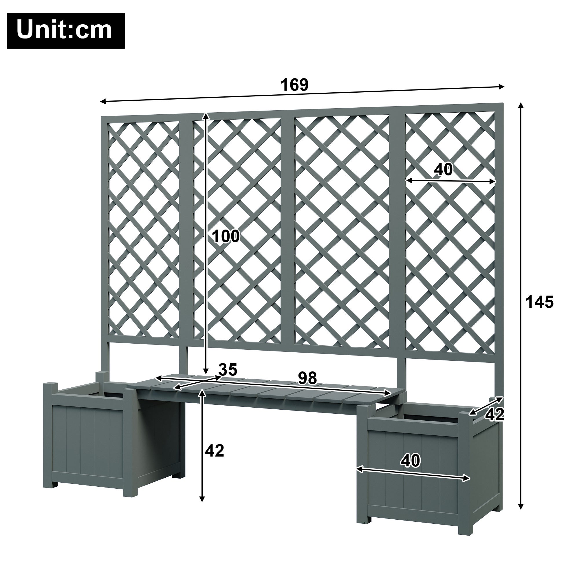 Lot de 2 Jardinière sur pièds avec Treillis en bois massif + 1 banc- 169 x 42 x 145 cm - Gris - 6