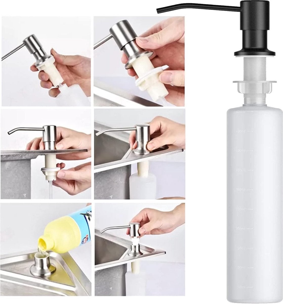 20PCS Distributeur de savon encastrable en acier inoxydable - 300 ml, 360° - Compatible avec les trous de 25 à 36 mm sur les plans de travail -Noir - 6