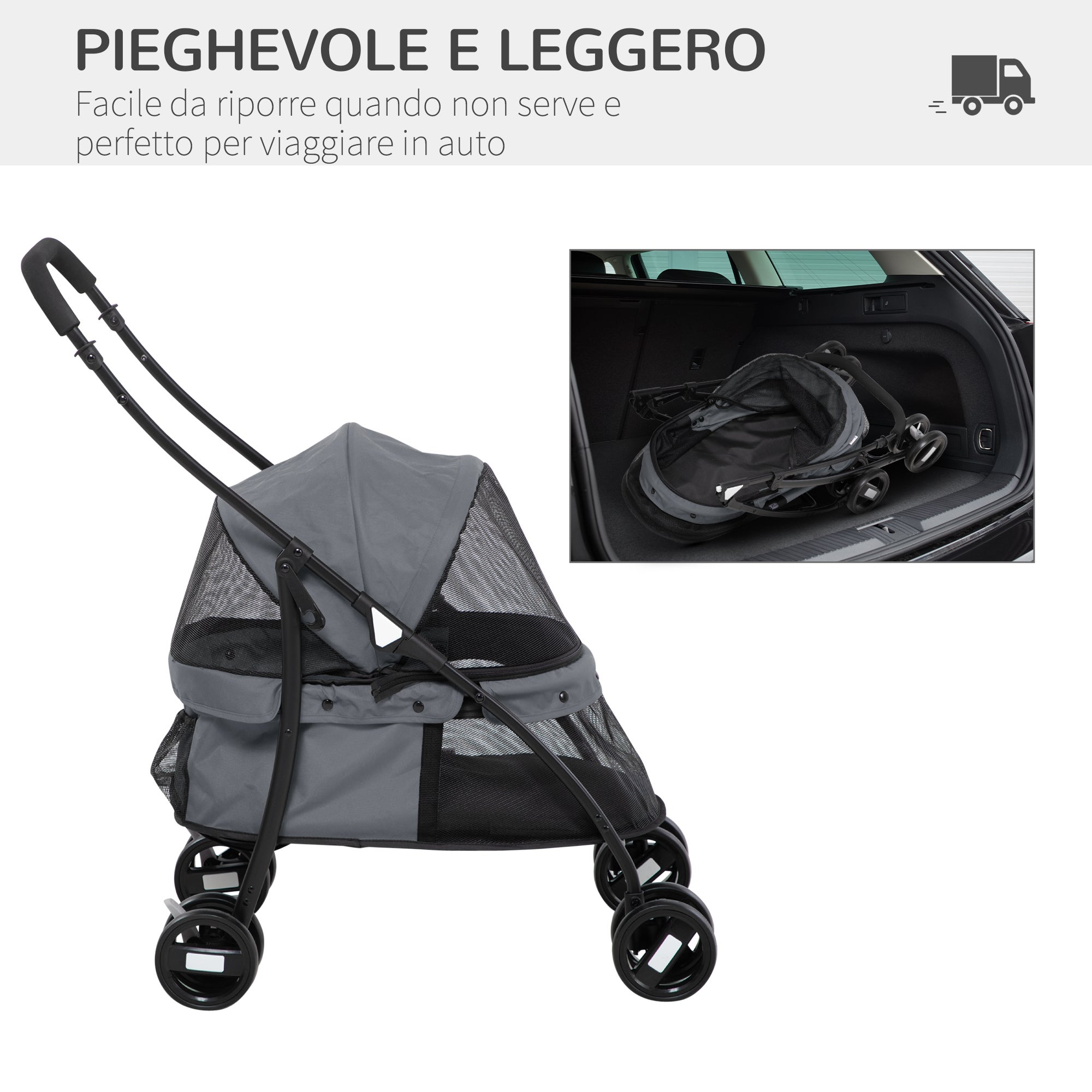 Carrinho cão dobrável teto ajustável bolsa 2 guias 82x47x97cm cinza - 8