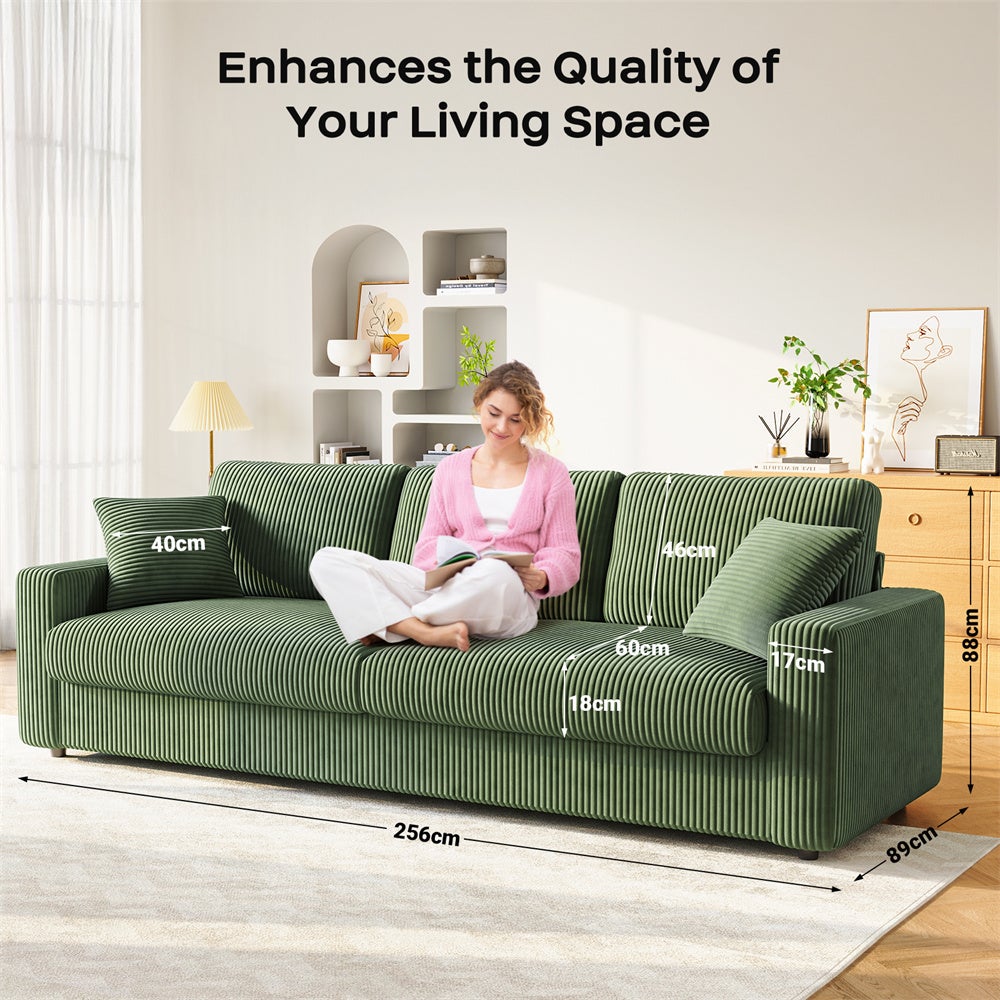 Grand Canapé 3/4 Places en Velours Côtelé Vert avec 2 Oreillers et Coussins,Canapé Modene pour le salon,254×89×88cm - 3