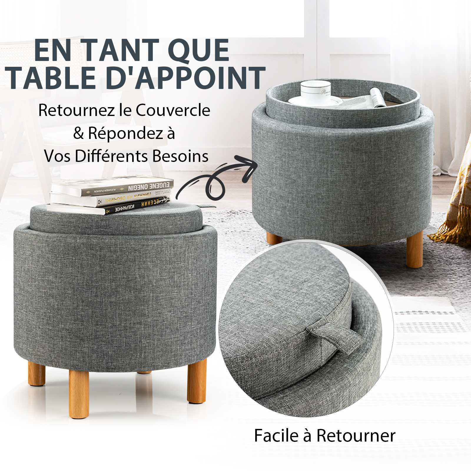 Pouf Rotondo con Contenitore e Vassoio, Poggiapiedi Imbottito con Base in Legno e Piedini Antiscivolo, Tavolino da Caffè per Soggiorno, Camera - 3