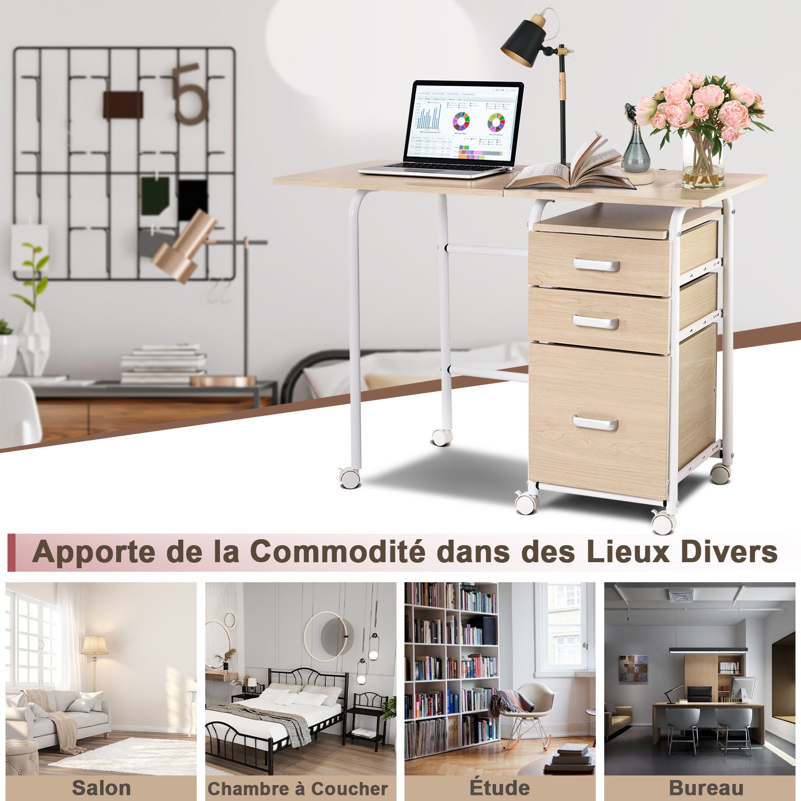 Bureau Pliable avec 3 Tiroirs, Table d'Écriture Roues Verrouillables, Bureau à Domicile Roulant avec Cadre en Métal, Naturel - 8