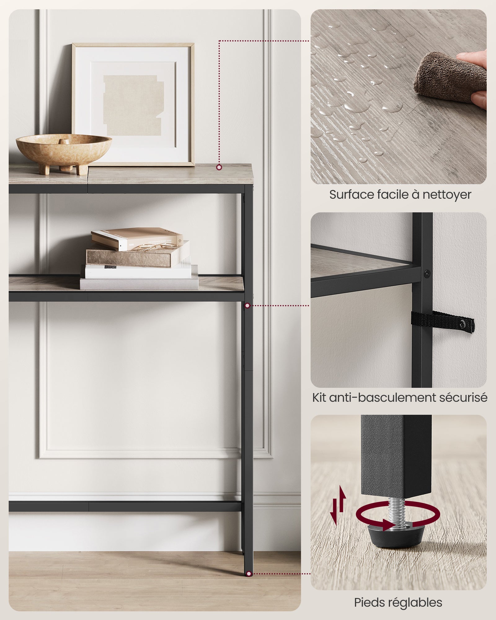 Console pour Couloir, Table de Salon Fine à 2 Niveaux, 20 x 80 x 80 cm, Table d’Appoint avec 2 Étagères, Grège Chiné et Noir d'Encre - 6