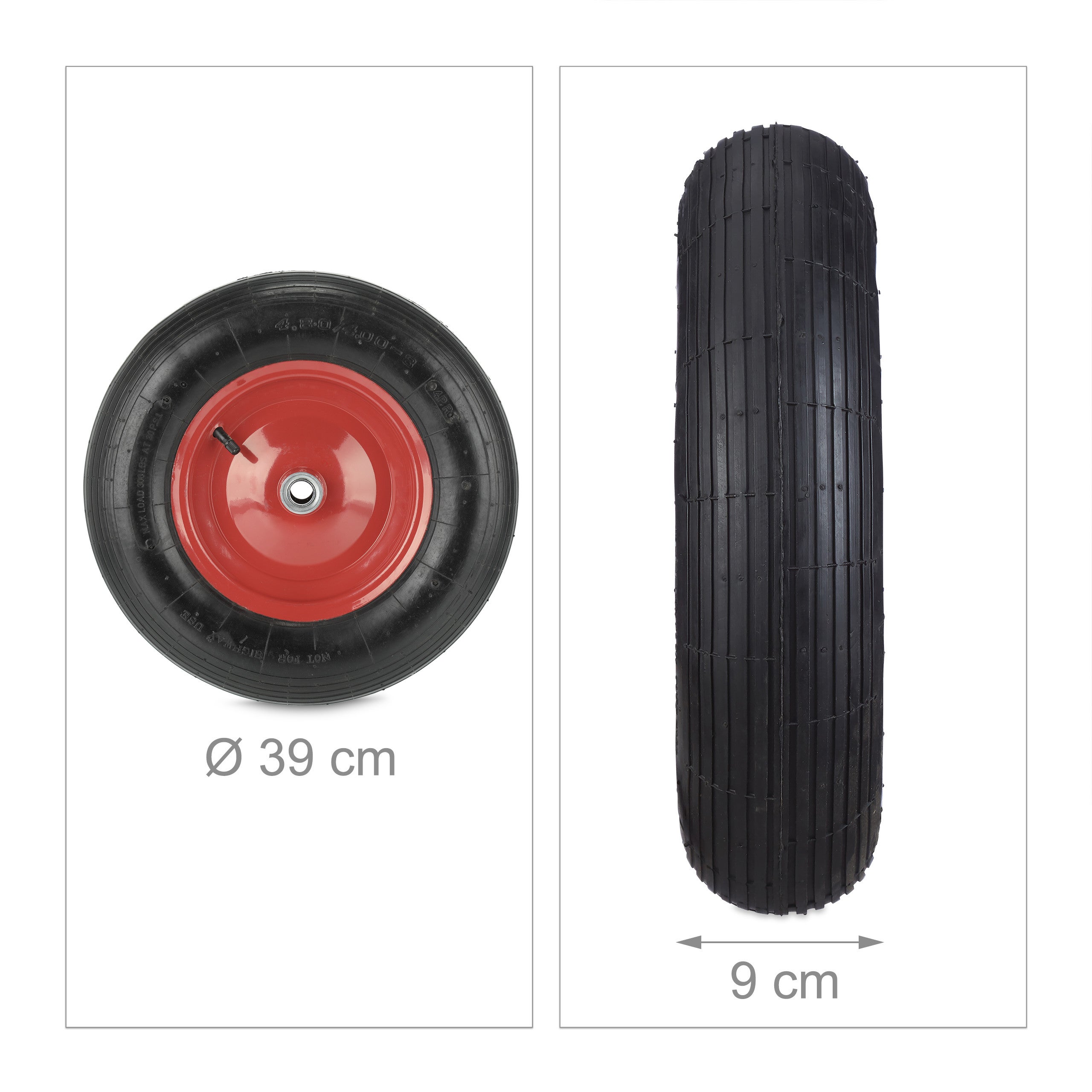 Roue de brouette 4.80 4.00-8, pneu de rechange, de secours, 4PR, avec air, jante en acier, noir/blanche, Relaxdays - 4