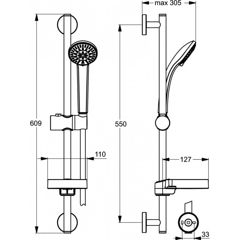 Ideal Standard - Barre de douche 60 cm Douchette 3 jets - Ø 8 cm IDEALRAIN - B9503AA - 4