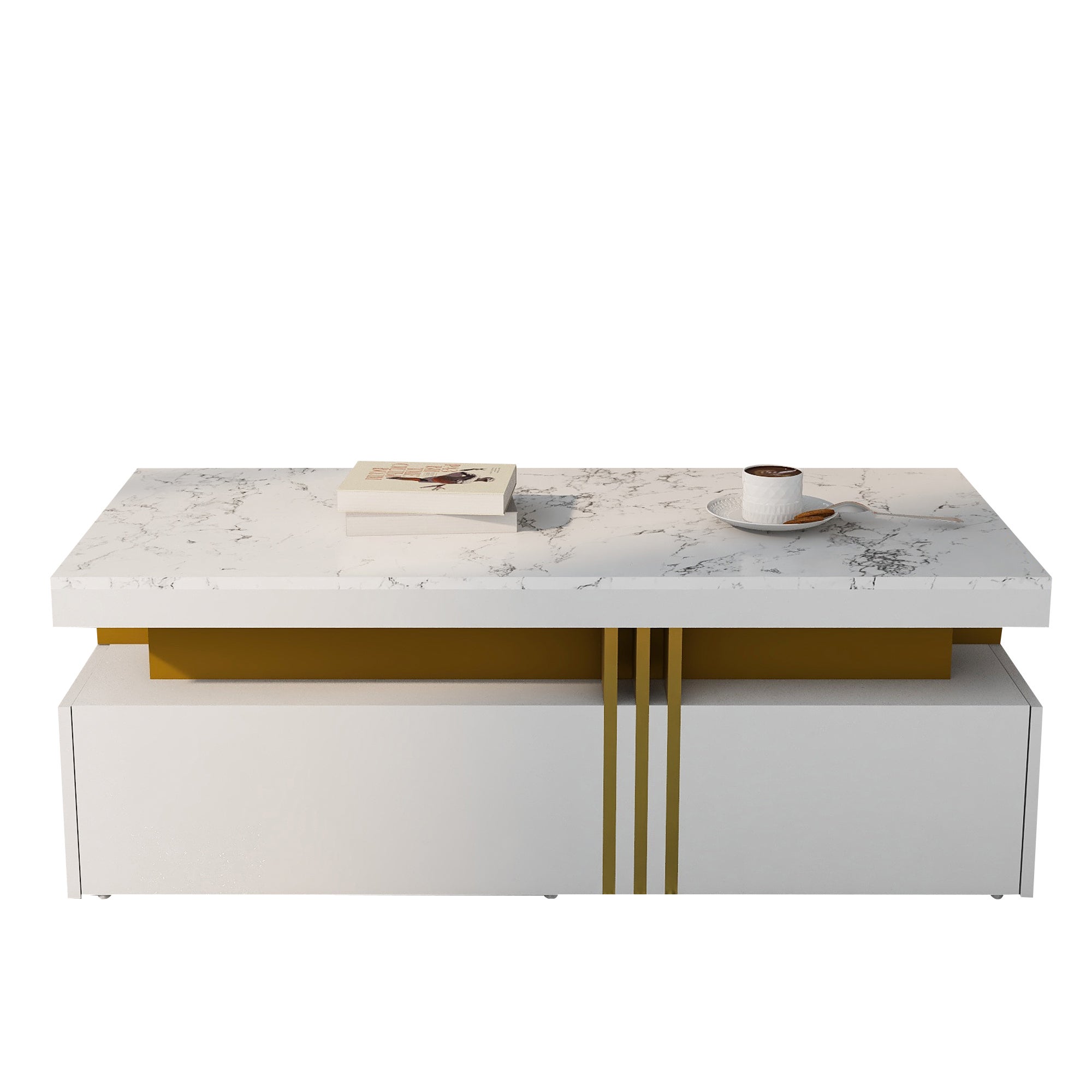 Table basse rectangulaire avec 2 tiroirs - 100x50x40 cm - panneaux de particules - plateau marbré, pour salon - blanc - 2