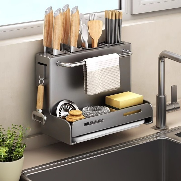 Stojak na noże kuchenne, uchwyt do przechowywania noży i pałeczek, bez wiercenia, montowany na ścianie, z tacką ociekową – 28,7 × 21 × 15 cm – szary