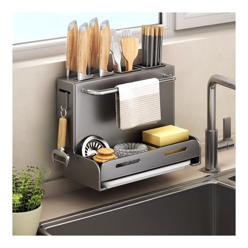 Stojak na noże kuchenne, uchwyt do przechowywania noży i pałeczek, bez wiercenia, montowany na ścianie, z tacką ociekową – 28,7 × 21 × 15 cm – szary