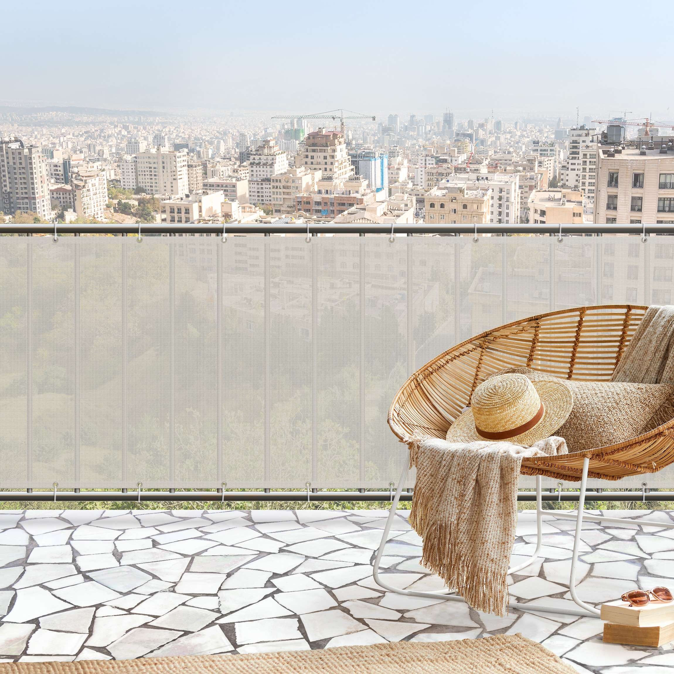 Brise vue brise vent balcon appartement jardin beige H.1 x L.10 M avec attaches résistant aux intempéries 270 g/m² mesh 1121 - 2