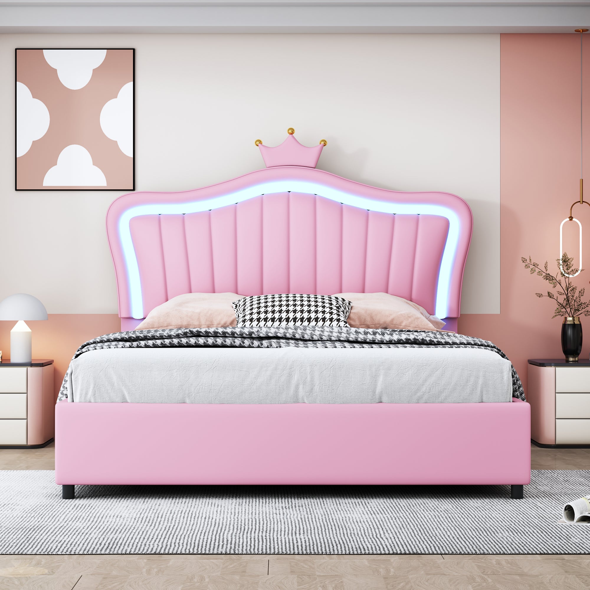 Łóżko z imitacji skóry 140x200 cm - z oświetleniem LED i podstawą z listew - Różowe