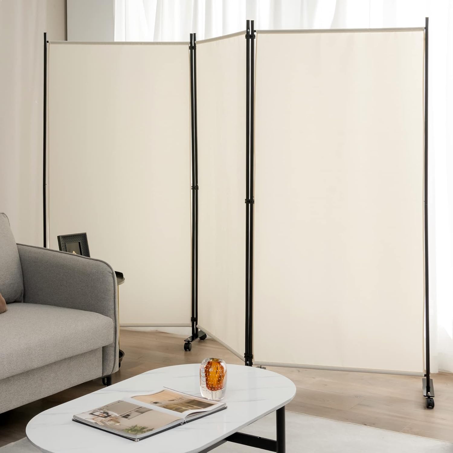 Parawan, 3-częściowy, składana, z materiału, ochrona przed wzrokiem dla większej prywatności i elastyczności, 262 x 180 cm (Beżowy) - 8