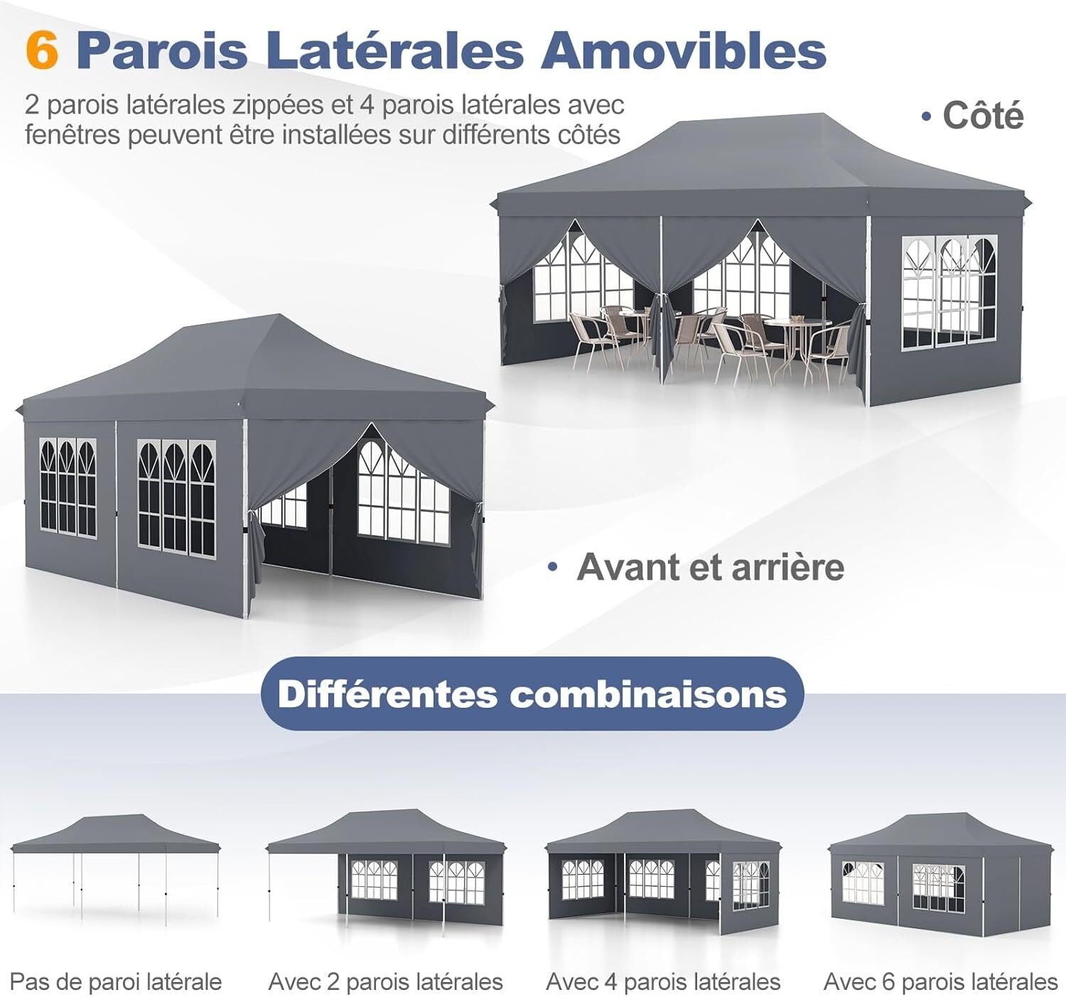 Cenador plegable 3x6 m con 6 paredes laterales, 6 sacos de arena, carpa para fiestas, estructura metálica ajustable, pabellón desplegable, bolsa de t - 4
