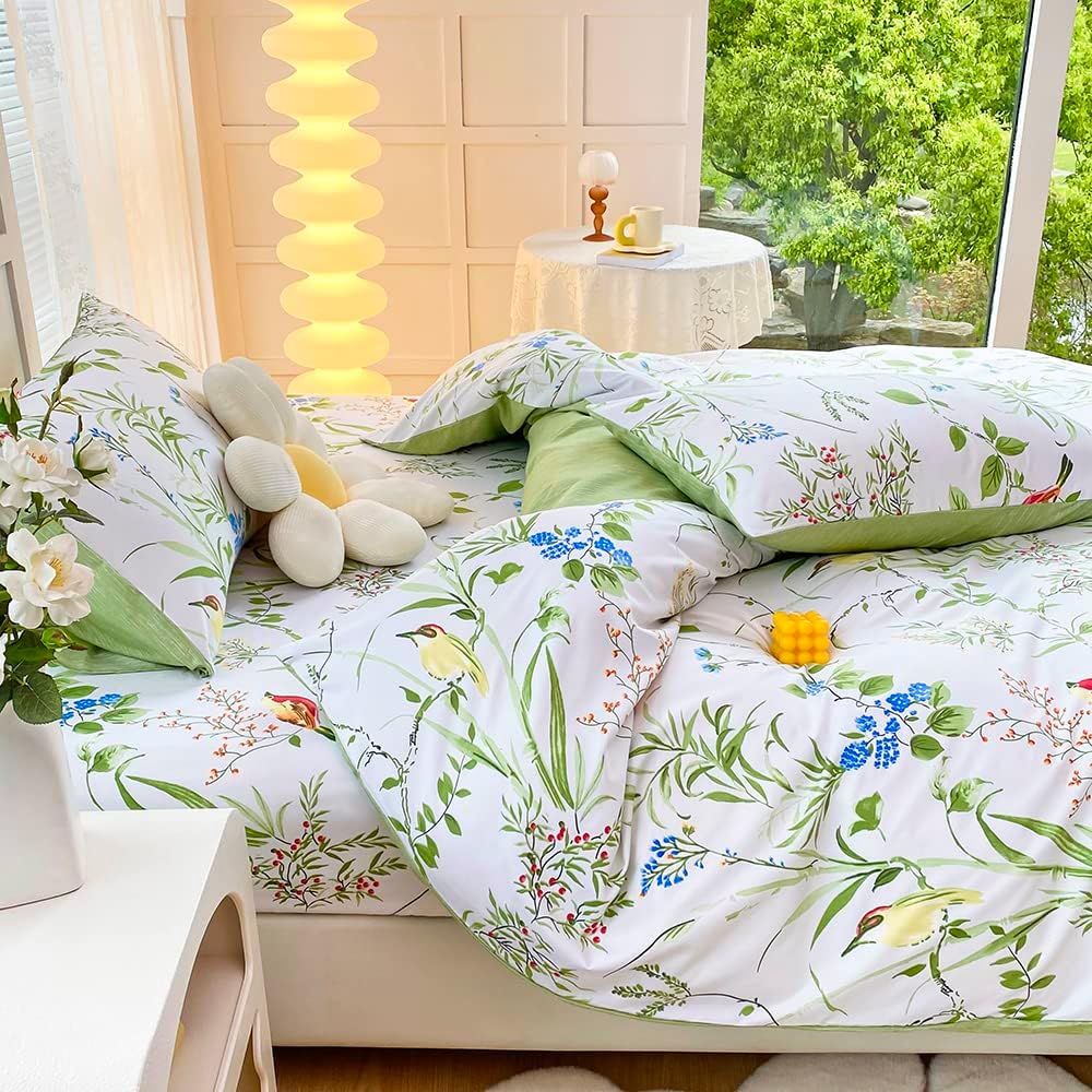 Housse de Couette 220x240 Fleurs Feuilles Motif Coloré Vert Blanc Floral Parure de Doux Microfibre Lit Linge avec Taies d'oreiller 50x75 cm - 3