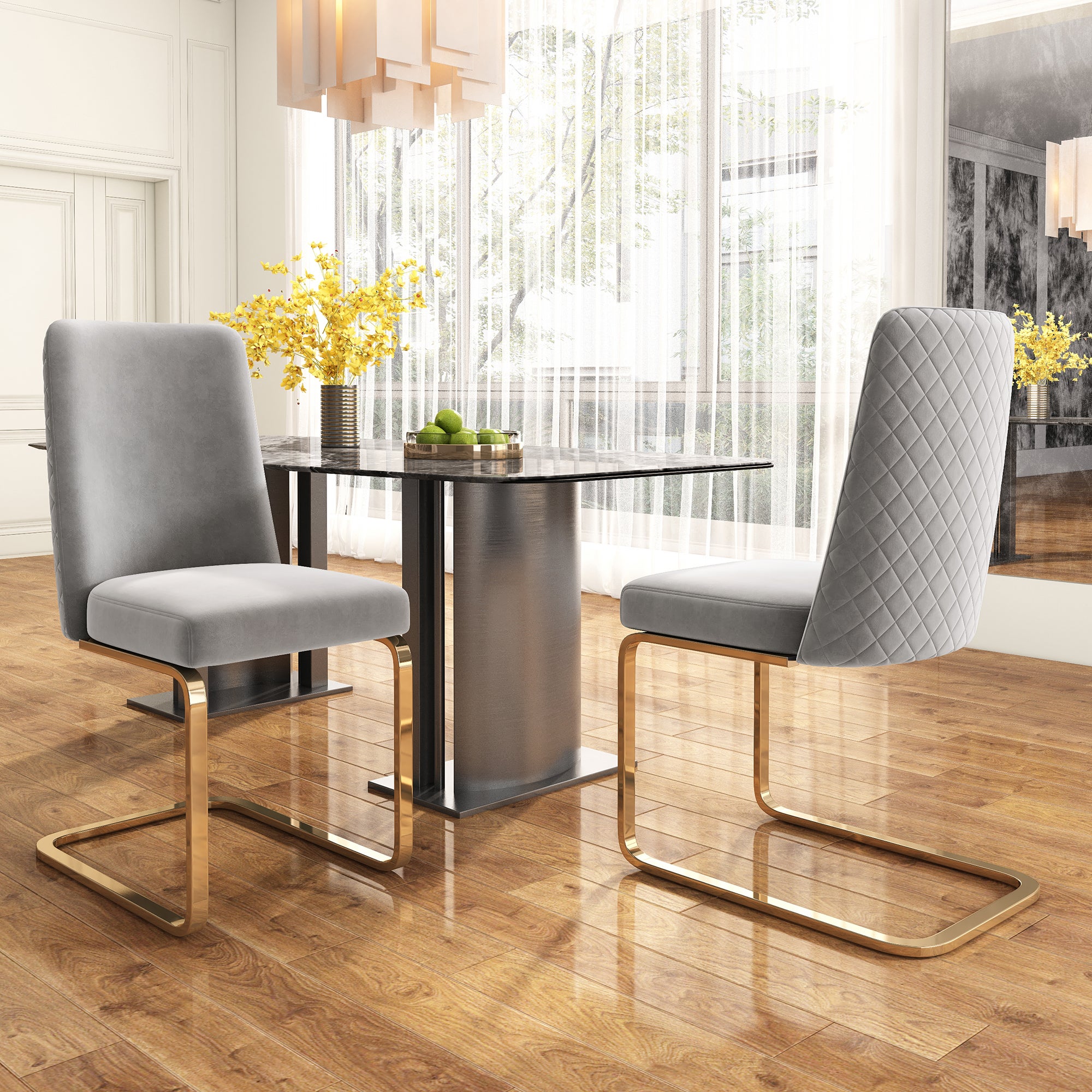 Zestaw 2 krzeseł do jadalni z wysięgnikiem bez podłokietników - 45 x 52 x 88 cm - Aksamitne i złote metalowe nogi - Szary