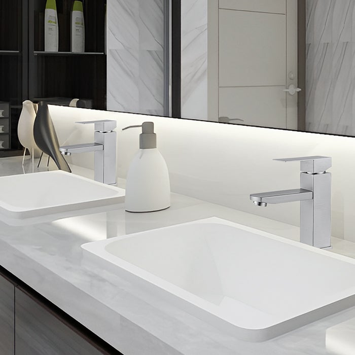 2x Robinet Salle de Bain Brossé Mitigeur Lavabo Gris Chaud & Froid Réglable, Robinet Lavabo avec Poignée Carré en Inox - 7