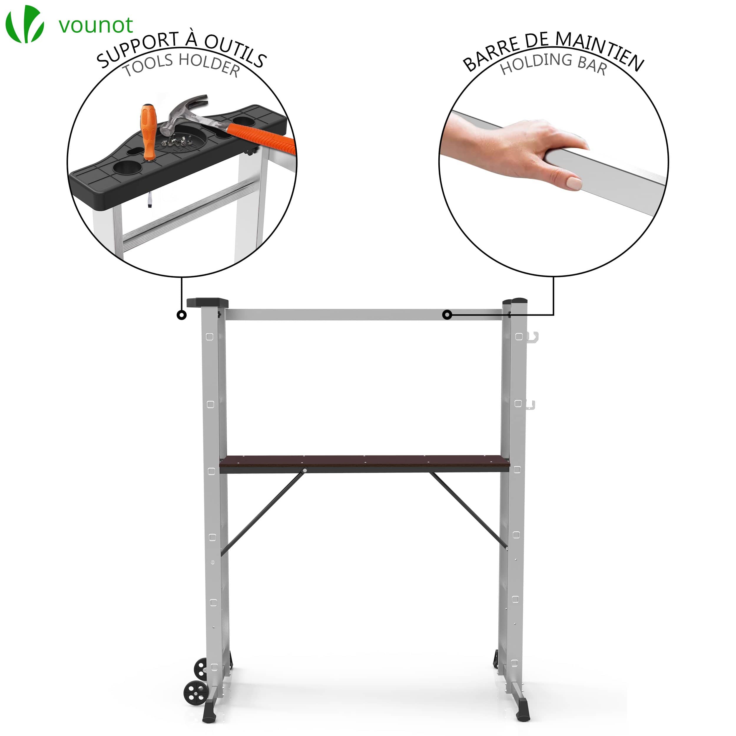 Échafaudage roulant 3 en 1 - échelle escabeau et plateforme de travail - aluminium - hauteur ajustable max 270cm - VOUNOT® - 3