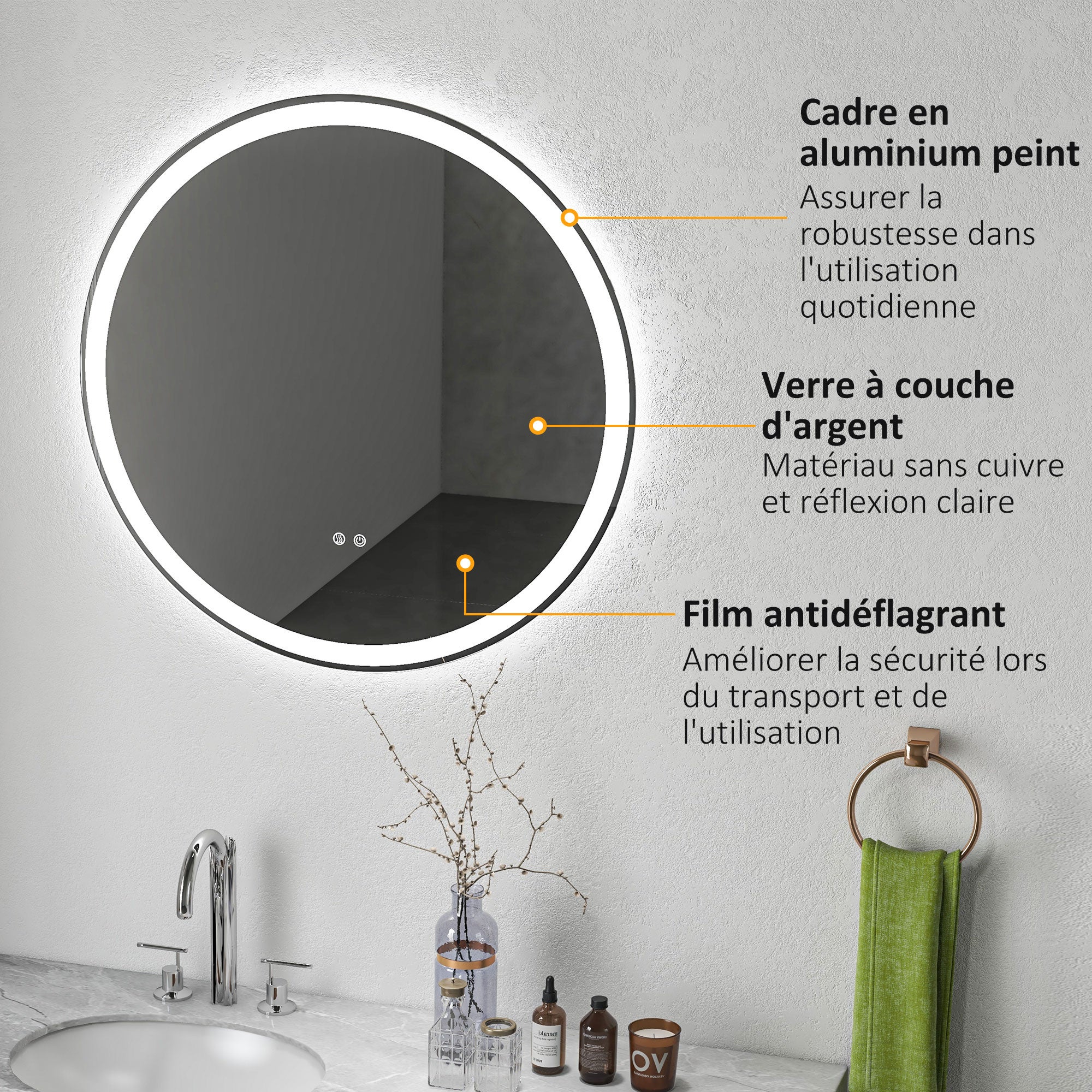 Miroir rond lumineux LED de salle de bain Ø 80 cm mural avec éclairage 3 couleurs interrupteur tactile 46W blanc argent - 9