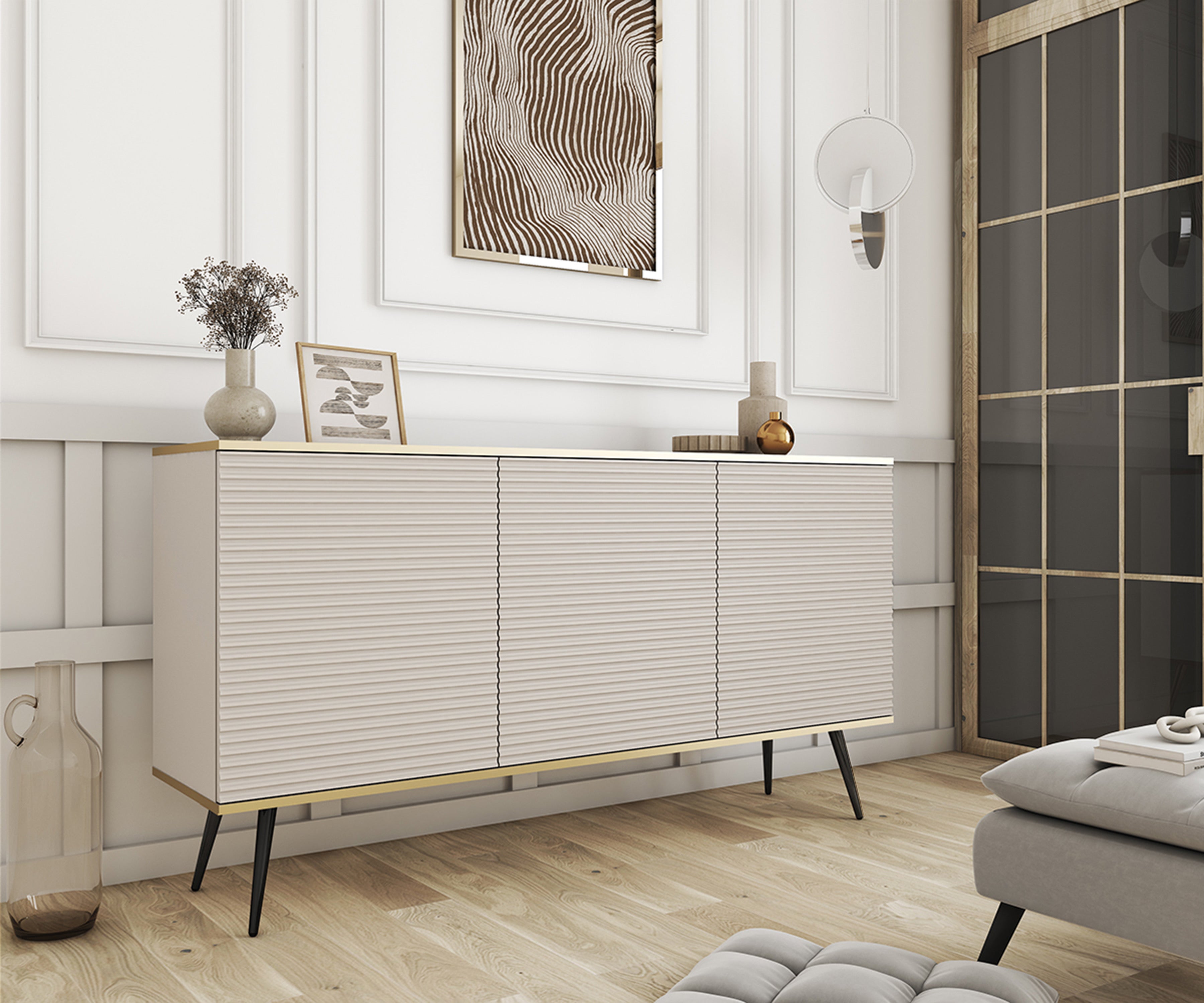 Efektowna beżowa komoda z czarnymi nogami, 160 x 85 x 39 - 2