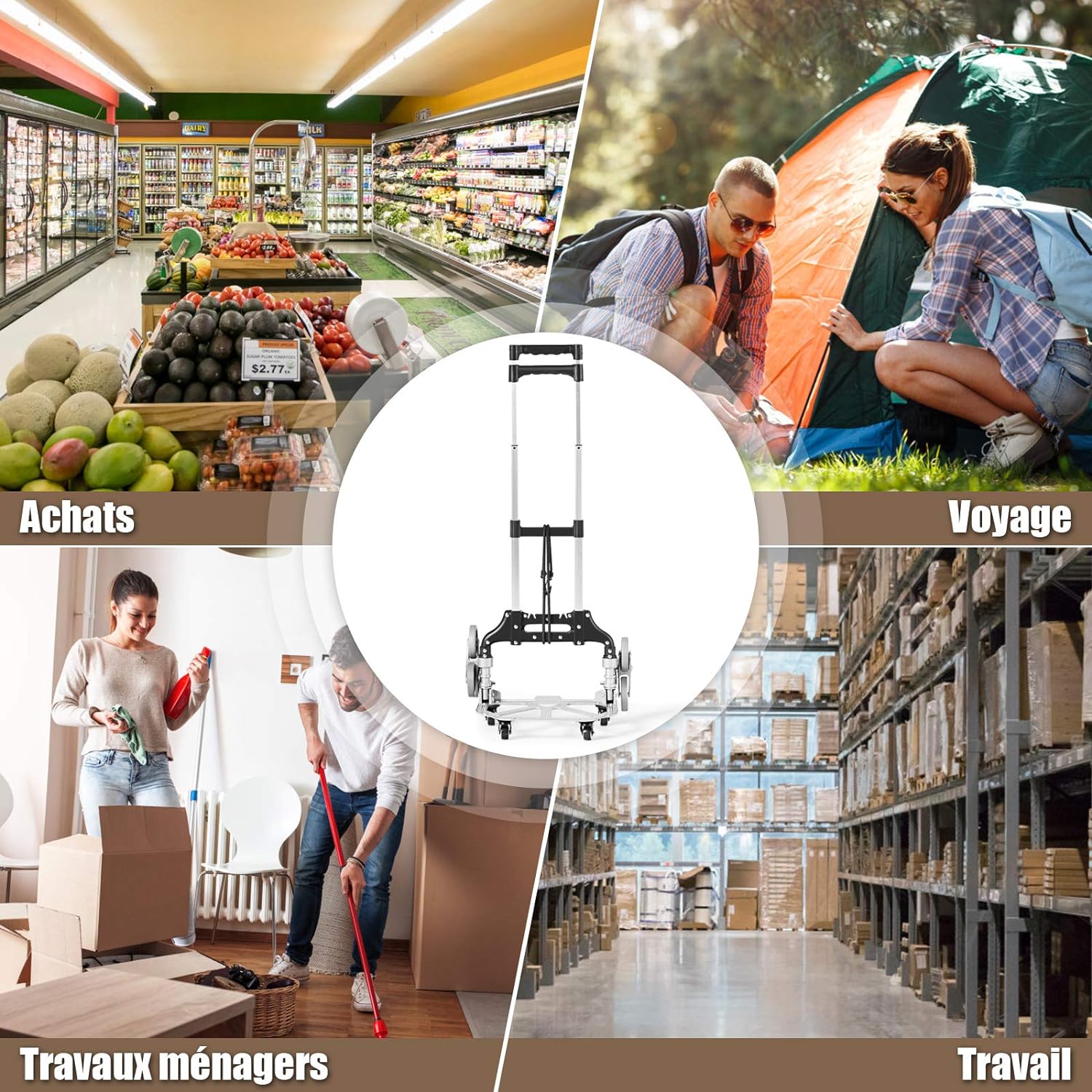 Diable Pliable 3 Roues en Aluminium, Chariot d’Escalier avec Corde de Fixation, Poignee Telescopique en 3 Positions 63-106CM, Charge 80KG, Diable - 8