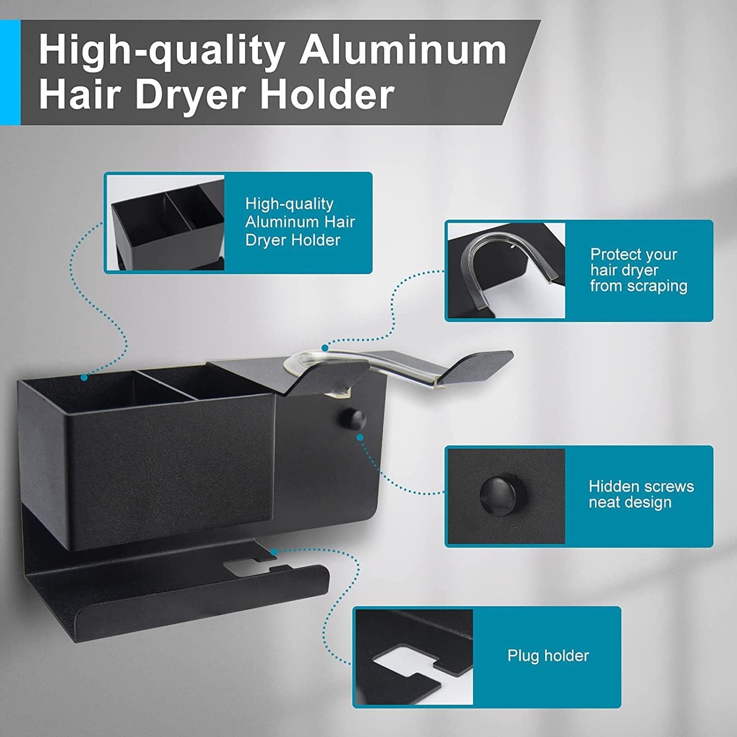 Support Mural Sèche-cheveux Inox 304 - Autocollant Ou Perçage - Compatible Dyson Supersonic Et Autres