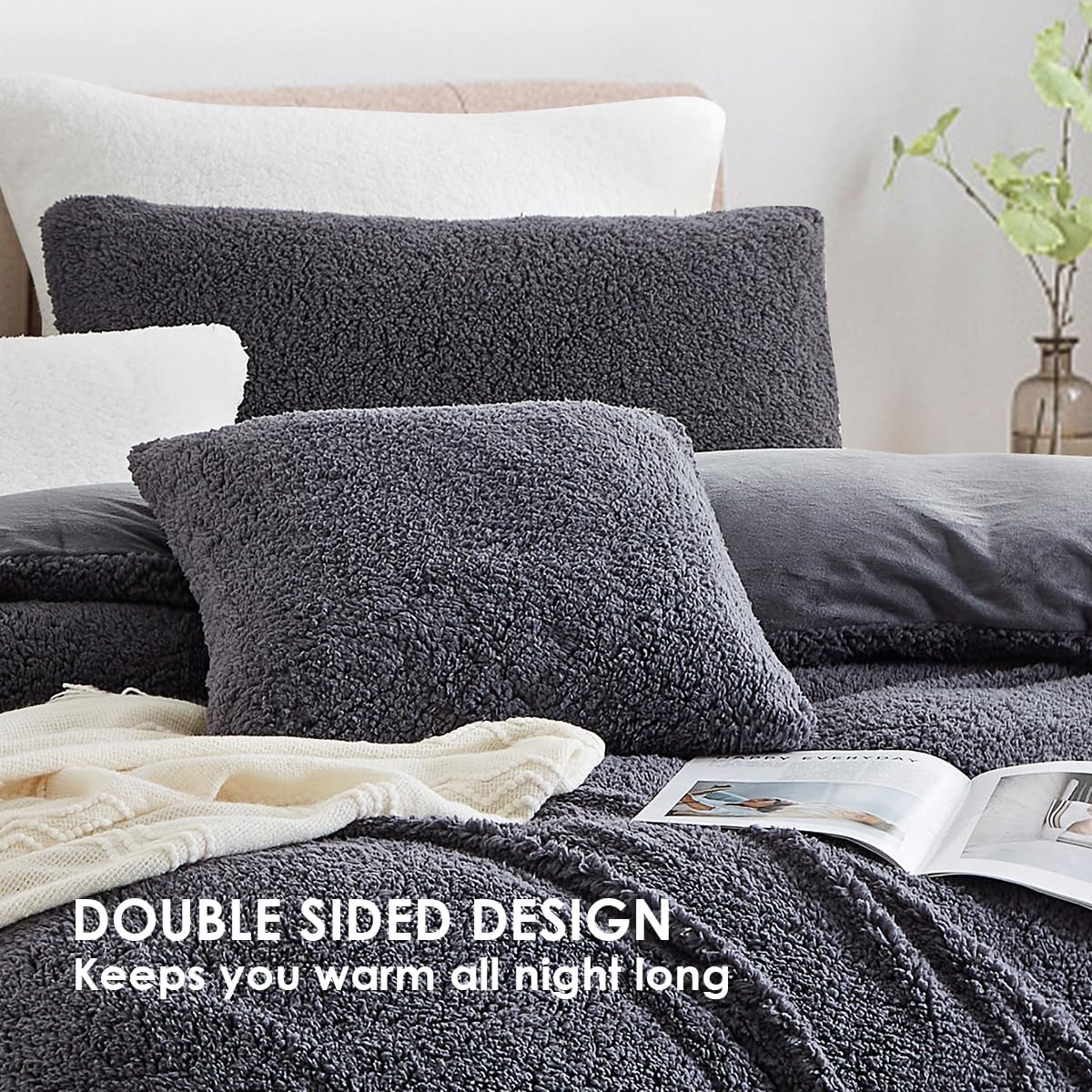 Housse de Couette Polaire 200x200 Gris Foncé + 2 Taies 65x65cm - 2