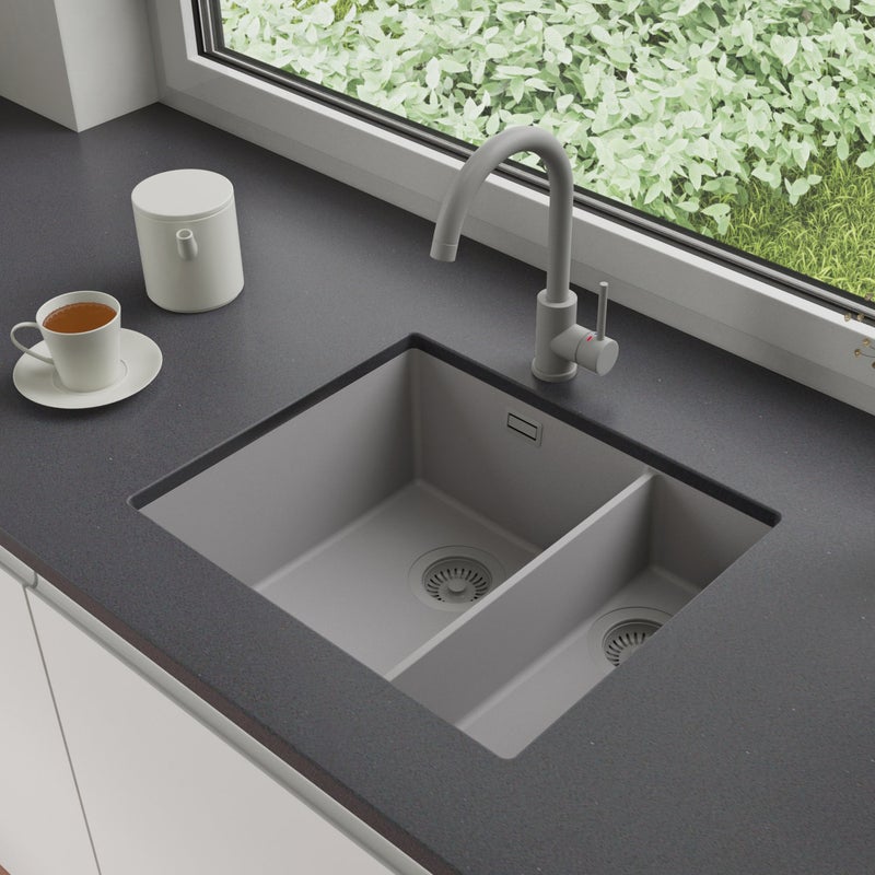 Zlewozmywak podblatowy 56x47cm, do szafki od 60cm + Bateria + Syfon - Agate Szary STONESTYLE