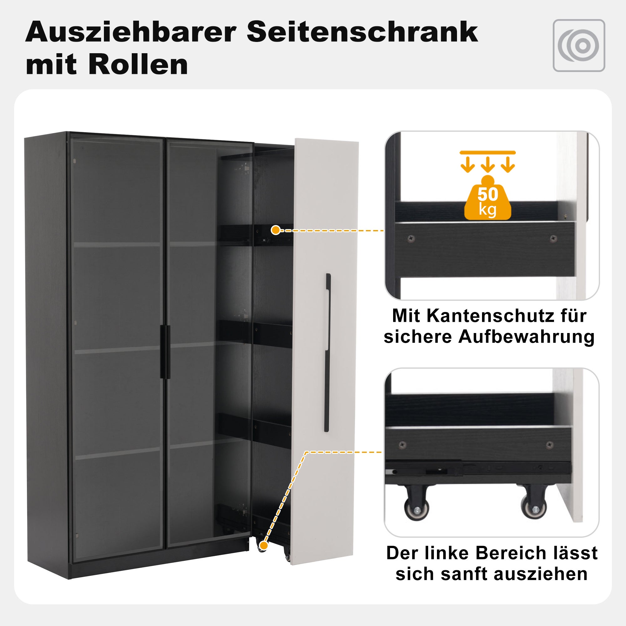 Vetrina con 2 ante in vetro e 1 anta estraibile - 110,5 x 35 x 160 cm - LED - MDF + vetro - Bianco e nero - 8