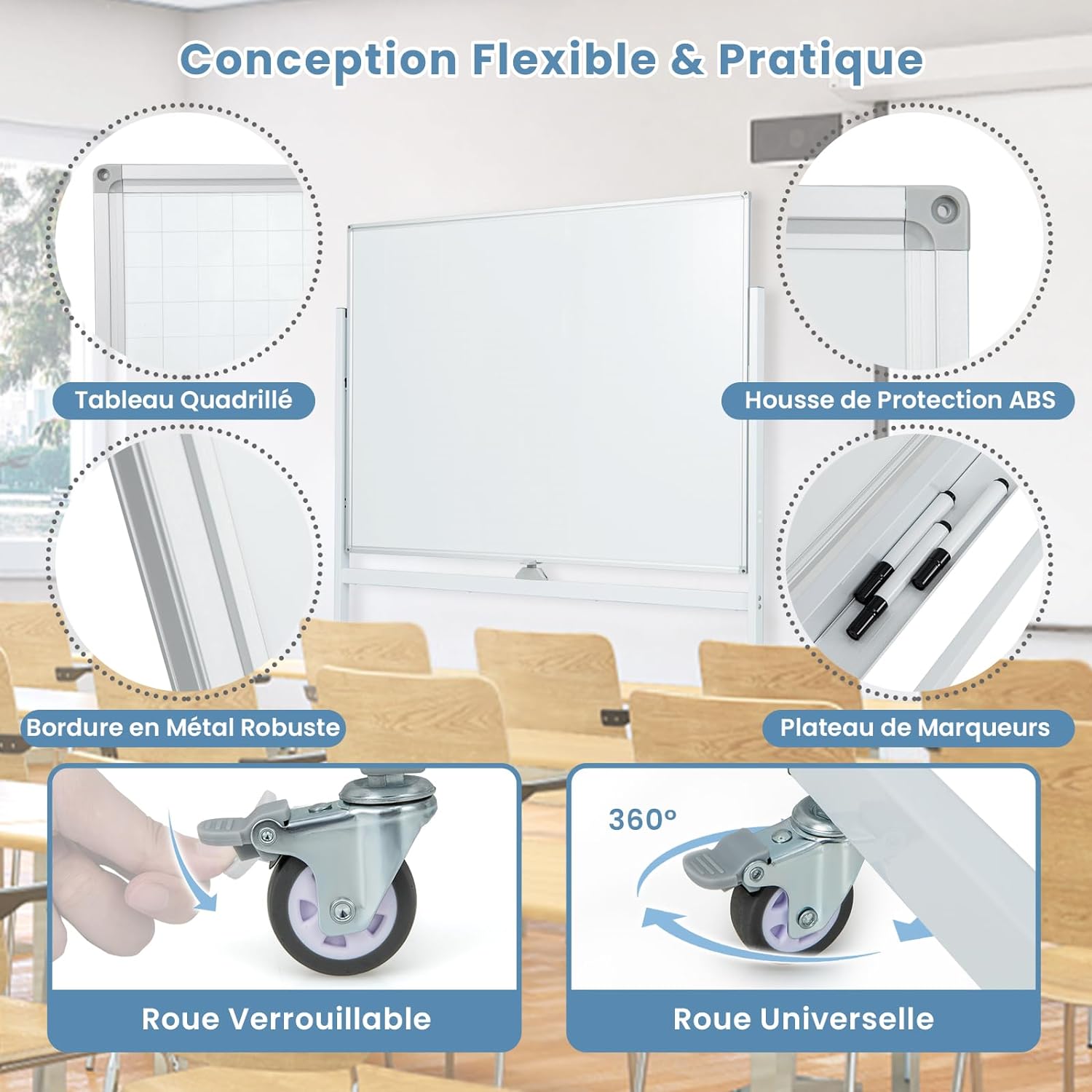 Lavagna Bianca Regolabile in Altezza con Ruote e Bordo Magnetico, Lavagna a Doppio Lato Cancellabile a Secco con Griglia, 4 Ruote Bloccabili, - 4