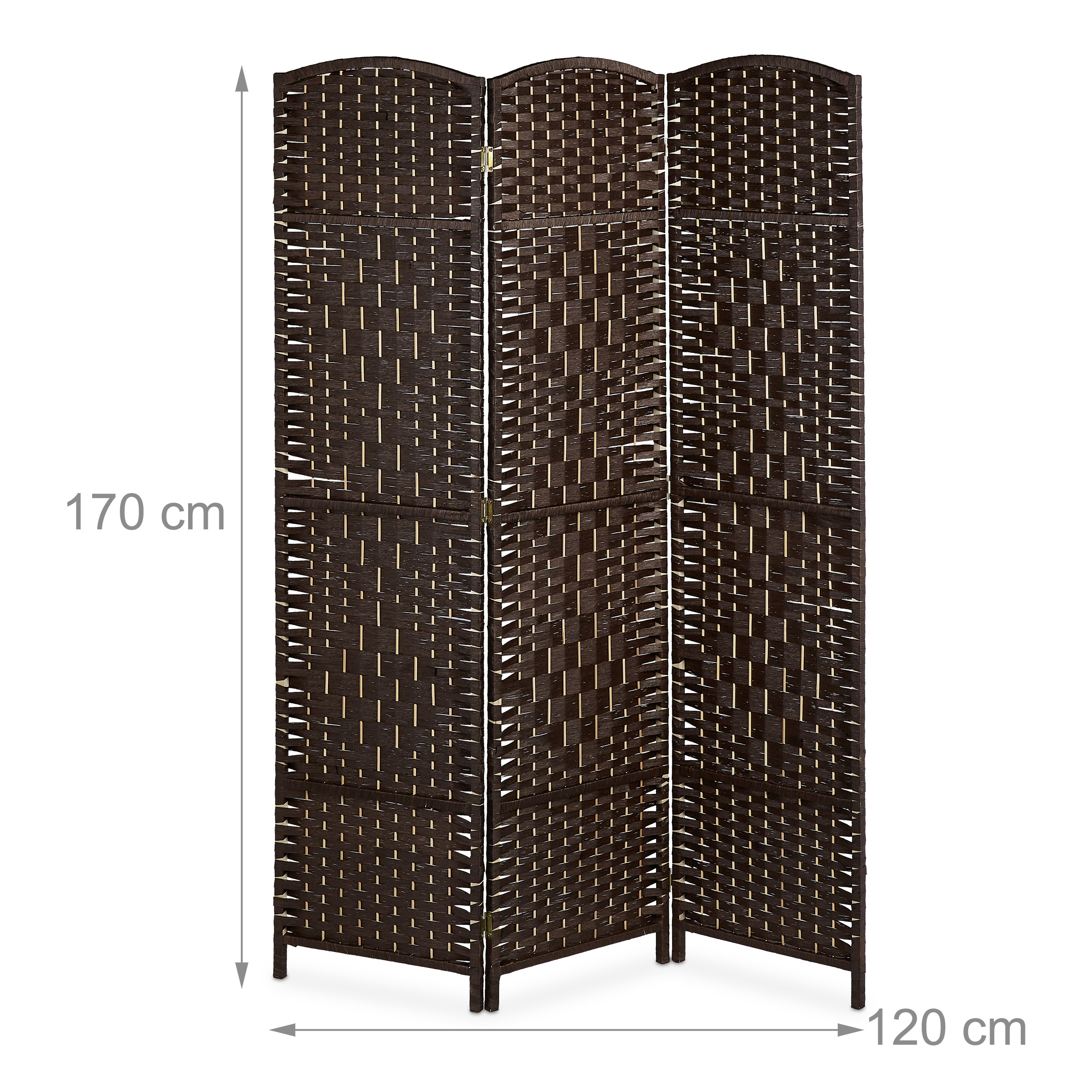 Paravent intérieur, 3 parties, HxL 170 x 120 cm, séparateur pliable, bois & corde papier, brise-vue, brun, Relaxdays - 4